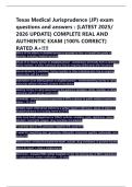 Texas Medical Jurisprudence &lpar;JP&rpar; exam  questions and answers &colon; &lbrace;LATEST 2025&sol;  2026 UPDATE&rcub; COMPLETE REAL AND  AUTHENTIC EXAM &lbrace;100&percnt; CORRECT&rcub;  RATED A&plus;&excl;&excl;&excl;&excl;