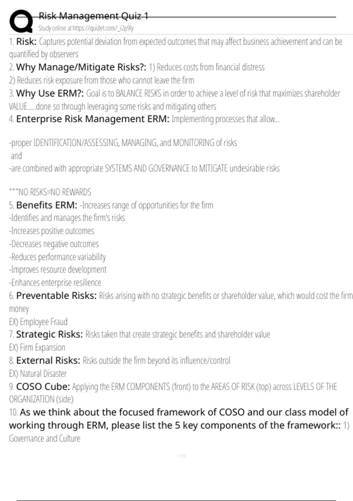 Questions About Risk Management Risk Management Quiz 1 Exam Questions and Answers 100% Pass |Already ...