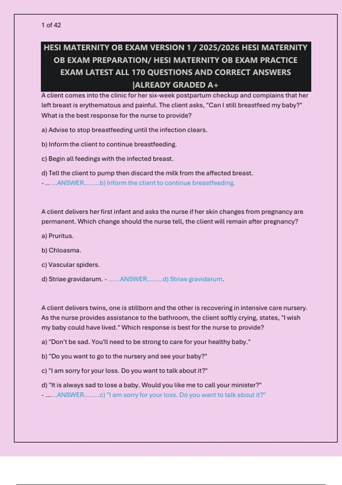 : HESI Maternity OB Exam Practice Questions & Answers 2025/2026 | 170 Q ...