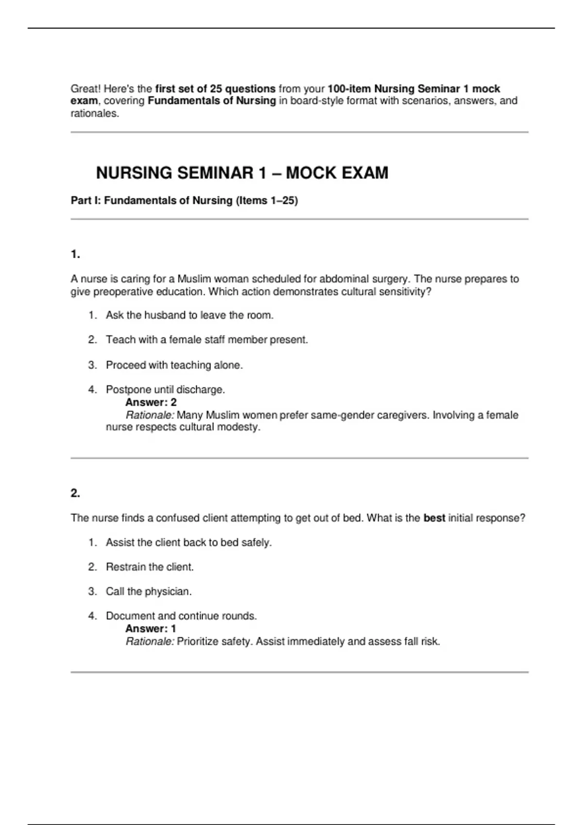 Nursing Seminar 1 – Mock Exam with Practice Questions and Answers ...