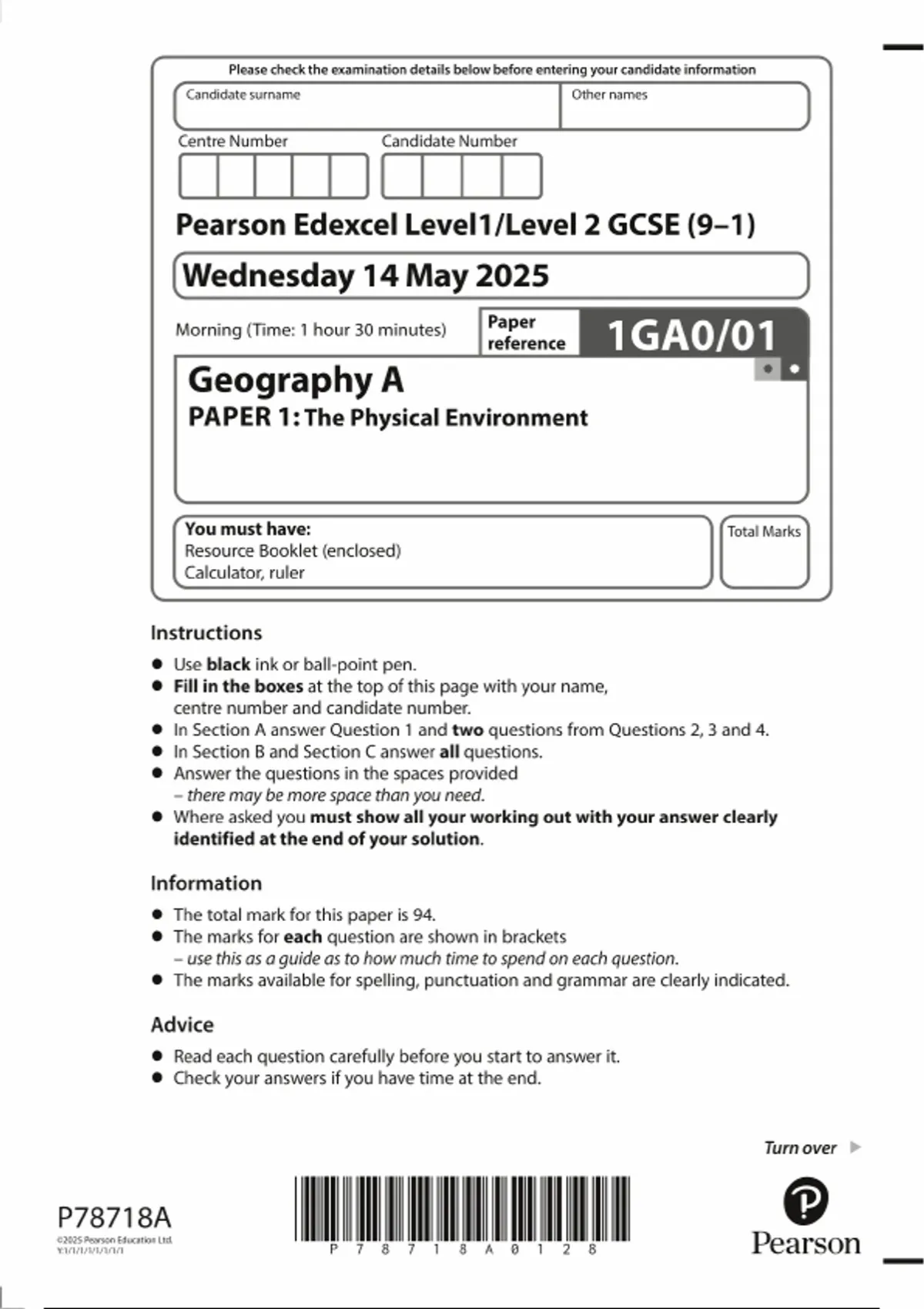 2025 Pearson Edexcel GCSE Level 1/2 Geography A PAPER 1 QUESTION PAPER ...