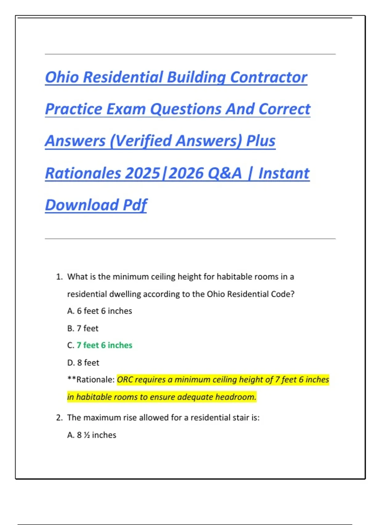 Ohio Residential Building Contractor Practice Exam Questions And Correct Answers (Verified ...