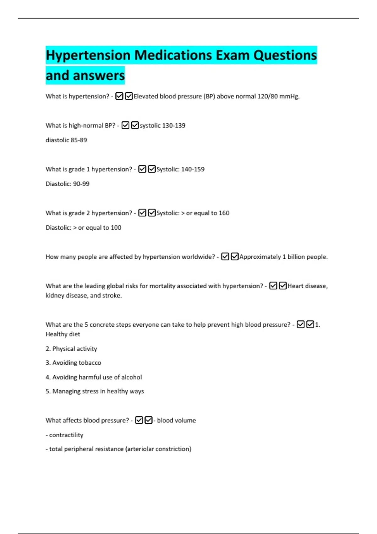 Hypertension Medications Exam Questions and answers - Hypertension ...