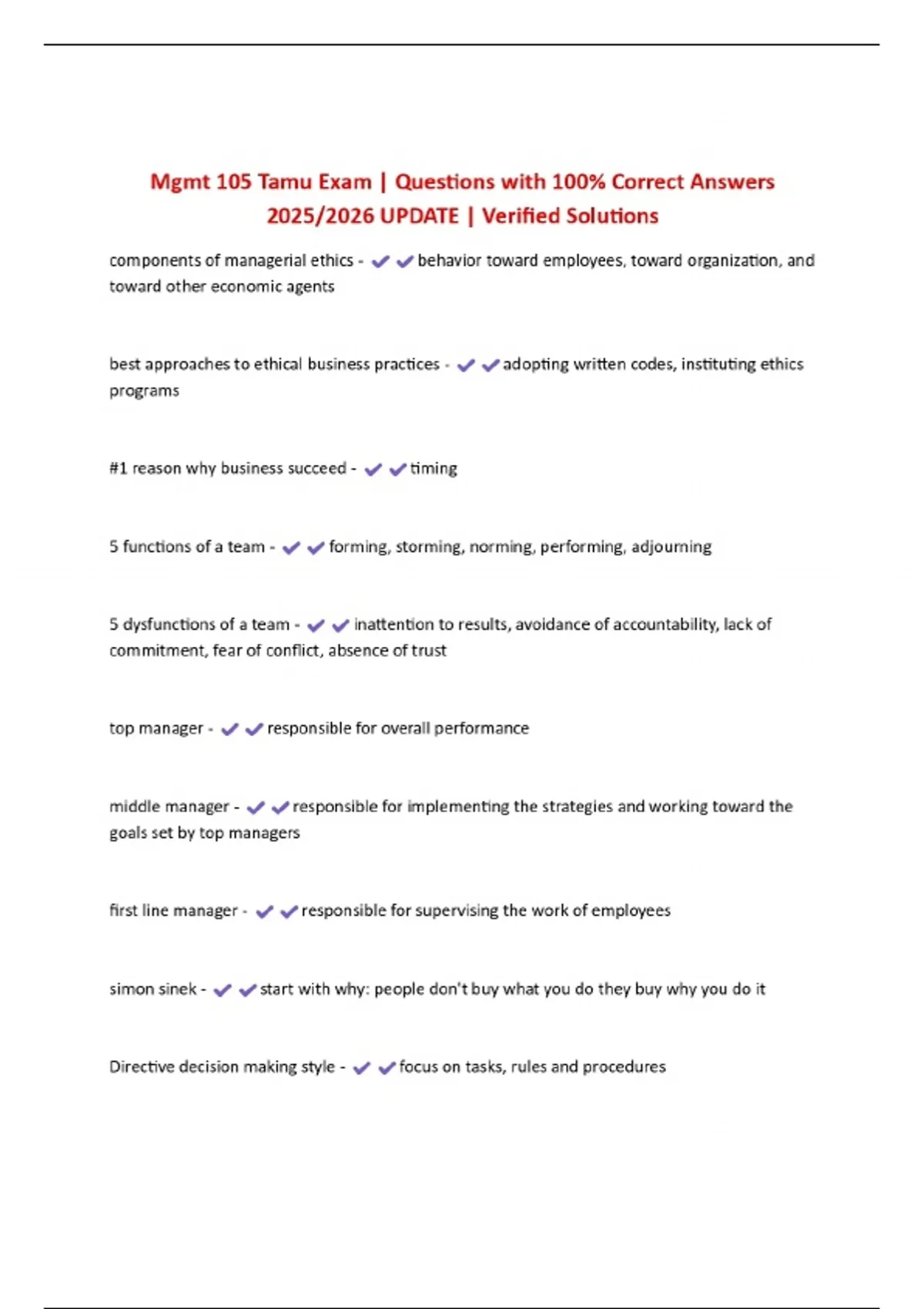 Mgmt 105 Tamu Exam | Questions with 100% Correct Answers 2025/2026 ...