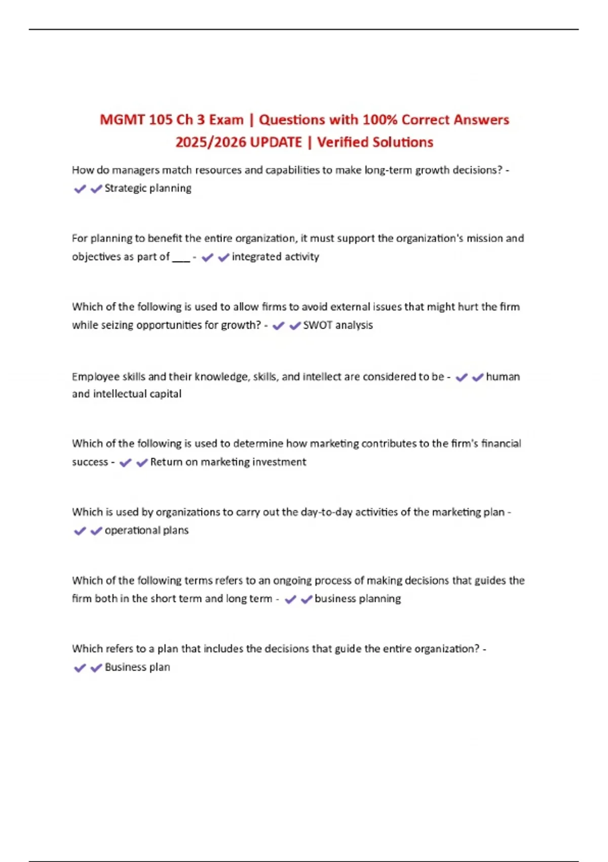 MGMT 105 Ch 3 Exam | Questions with 100% Correct Answers 2025/2026 ...