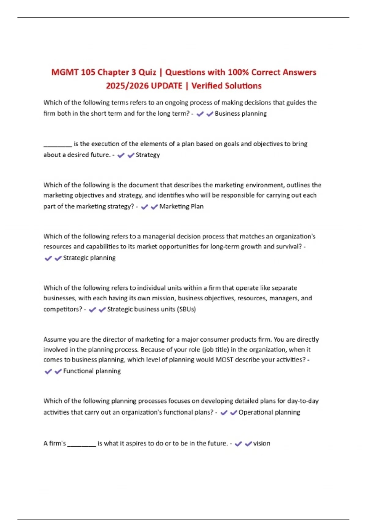 BUNDLE FOR MGMT 105 EXAM | Questions with CORRECT Answers 2025/2026 ...