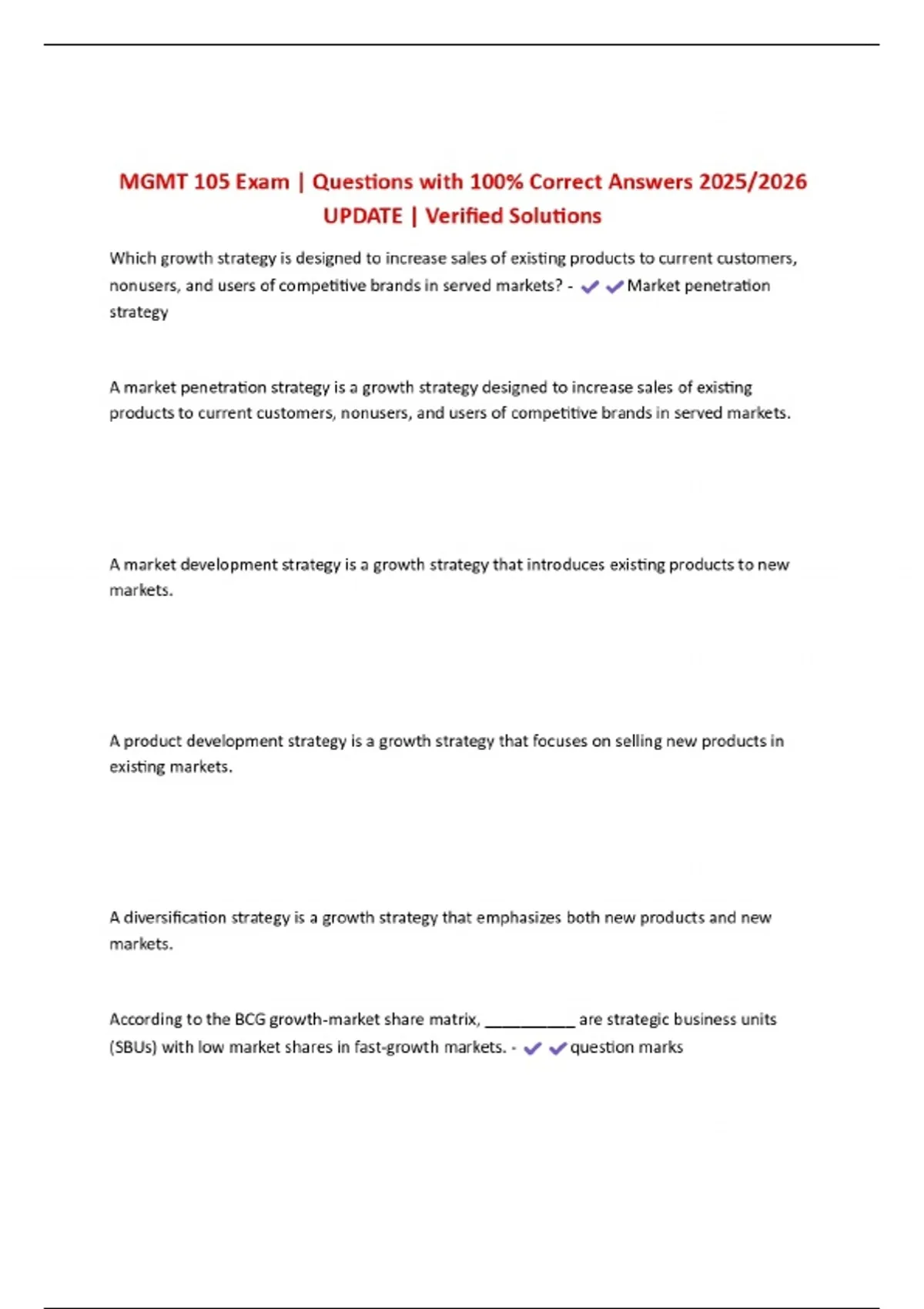 MGMT 105 Exam | Questions with 100% Correct Answers 2025/2026 UPDATE ...