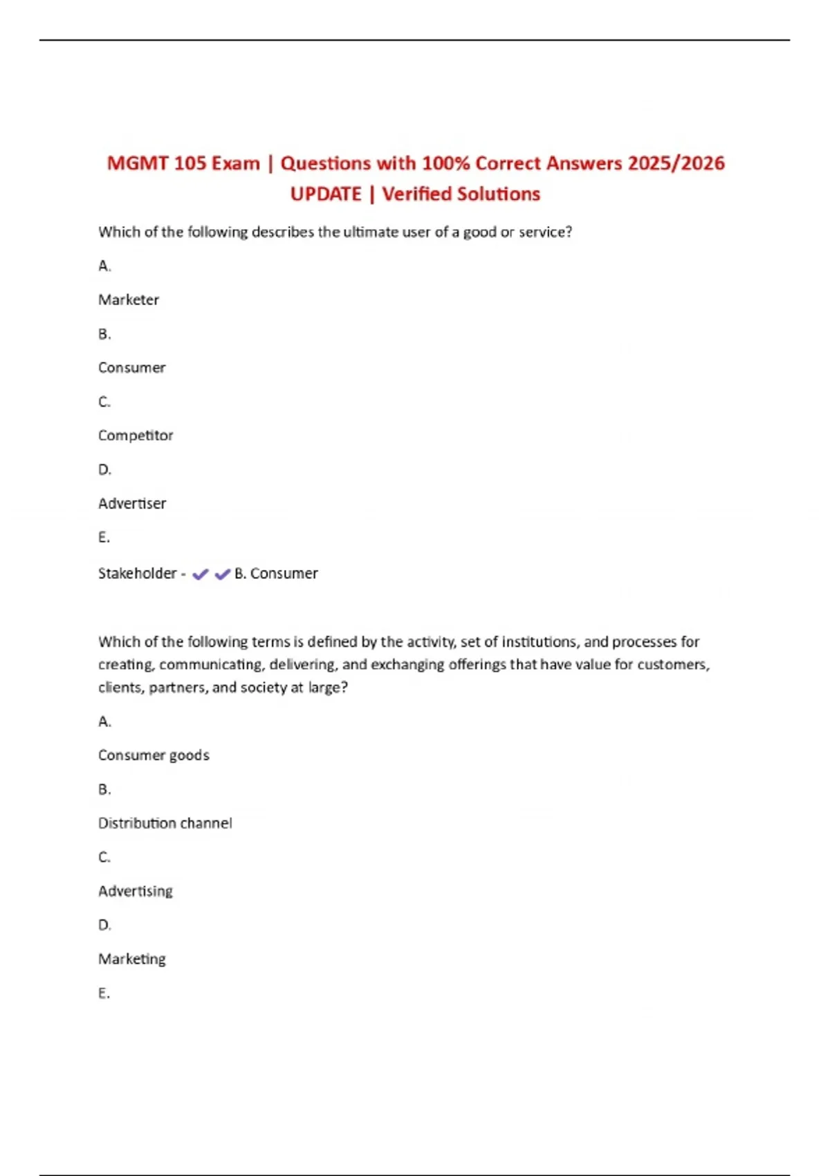 MGMT 105 Exam | Questions with 100% Correct Answers 2025/2026 UPDATE ...