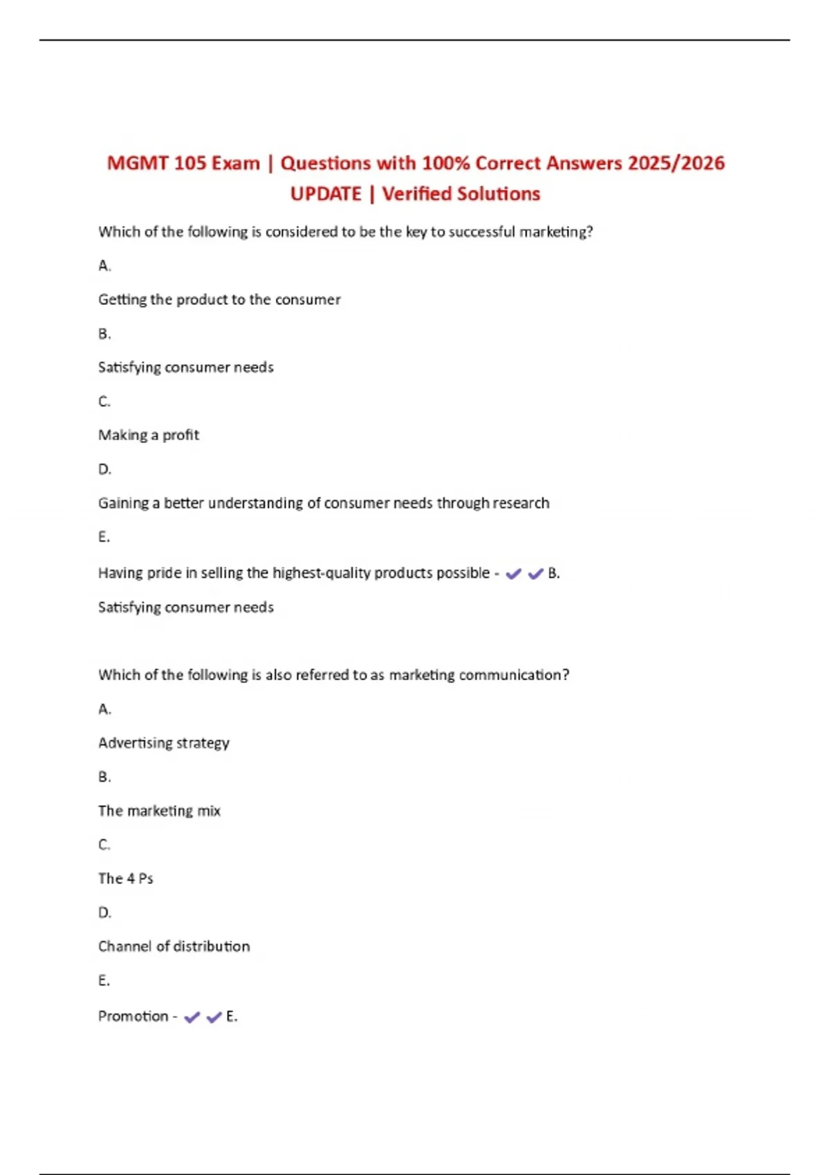 MGMT 105 Exam | Questions with 100% Correct Answers 2025/2026 UPDATE ...