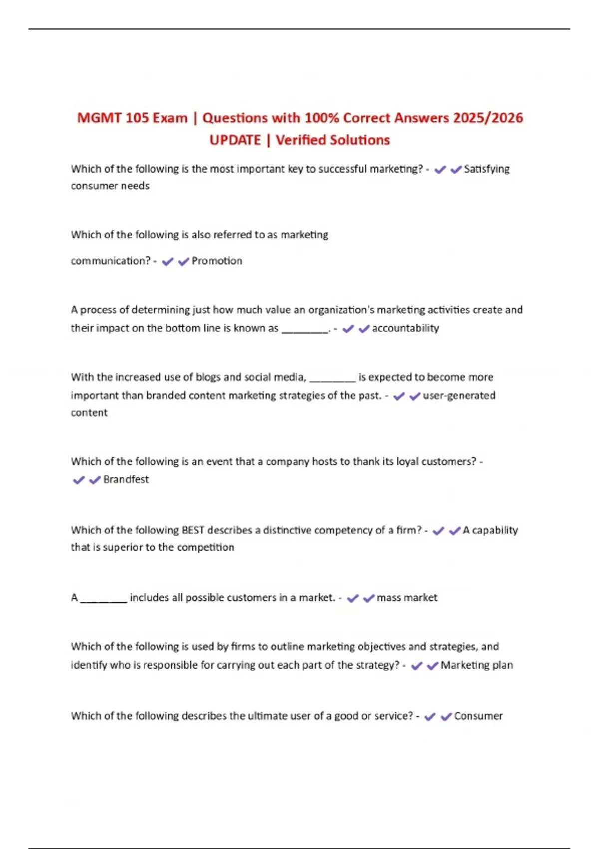 MGMT 105 Exam | Questions with 100% Correct Answers 2025/2026 UPDATE ...