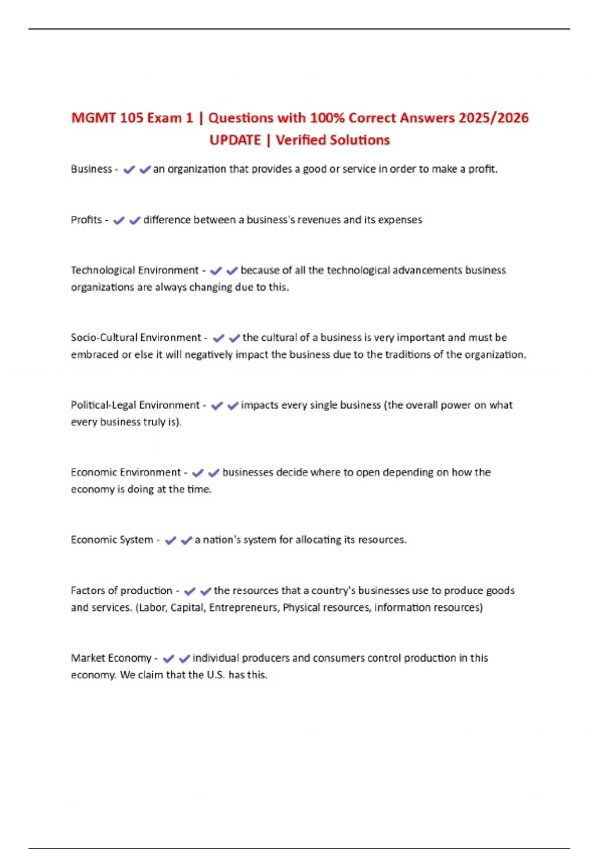 MGMT 105 Exam 1 | Questions with 100% Correct Answers 2025/2026 UPDATE ...