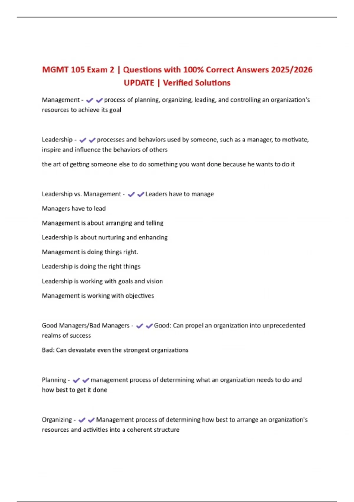 MGMT 105 Exam 2 | Questions with 100% Correct Answers 2025/2026 UPDATE ...