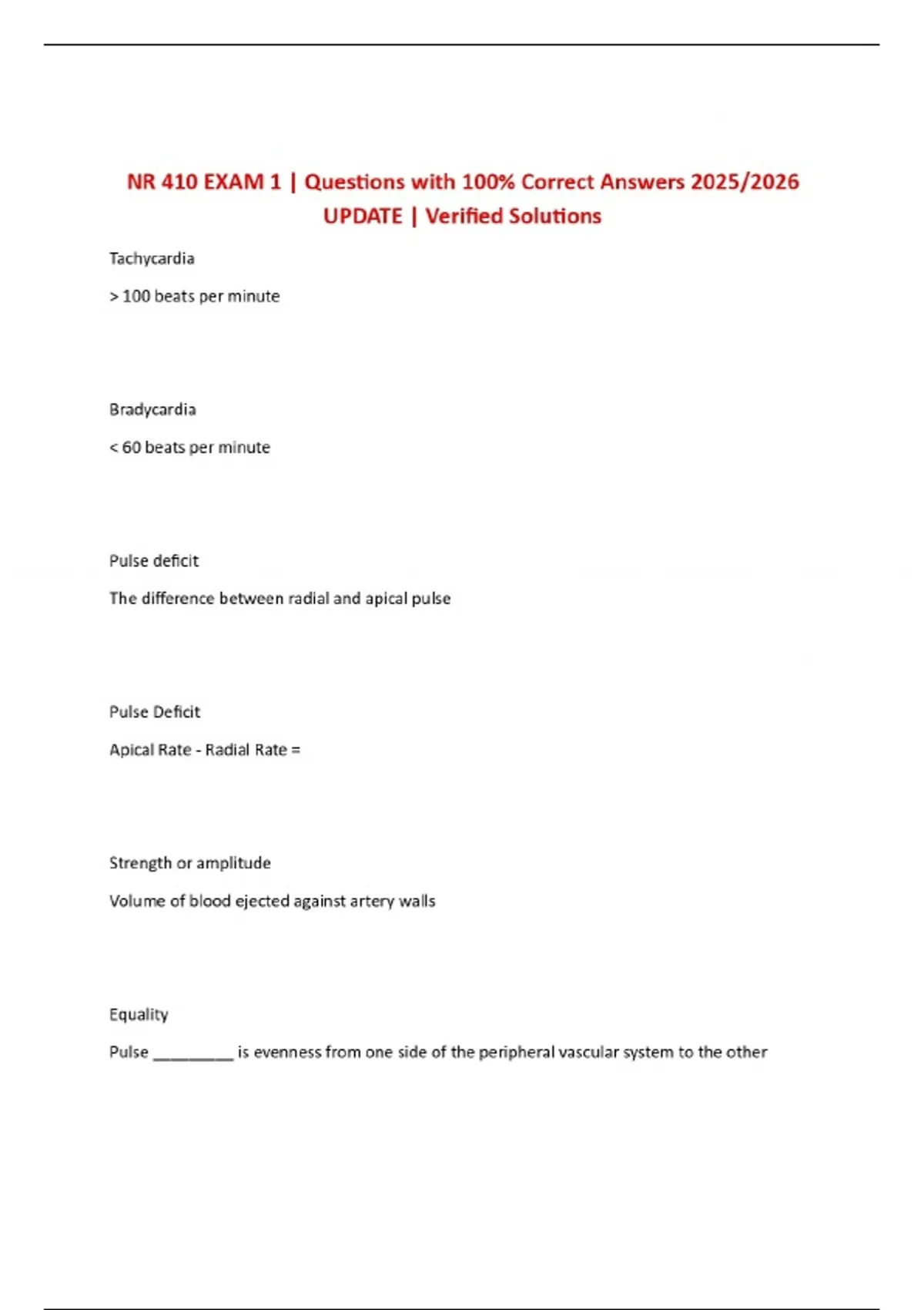 NR 410 EXAM 1 | Questions with 100% Correct Answers 2025/2026 UPDATE ...