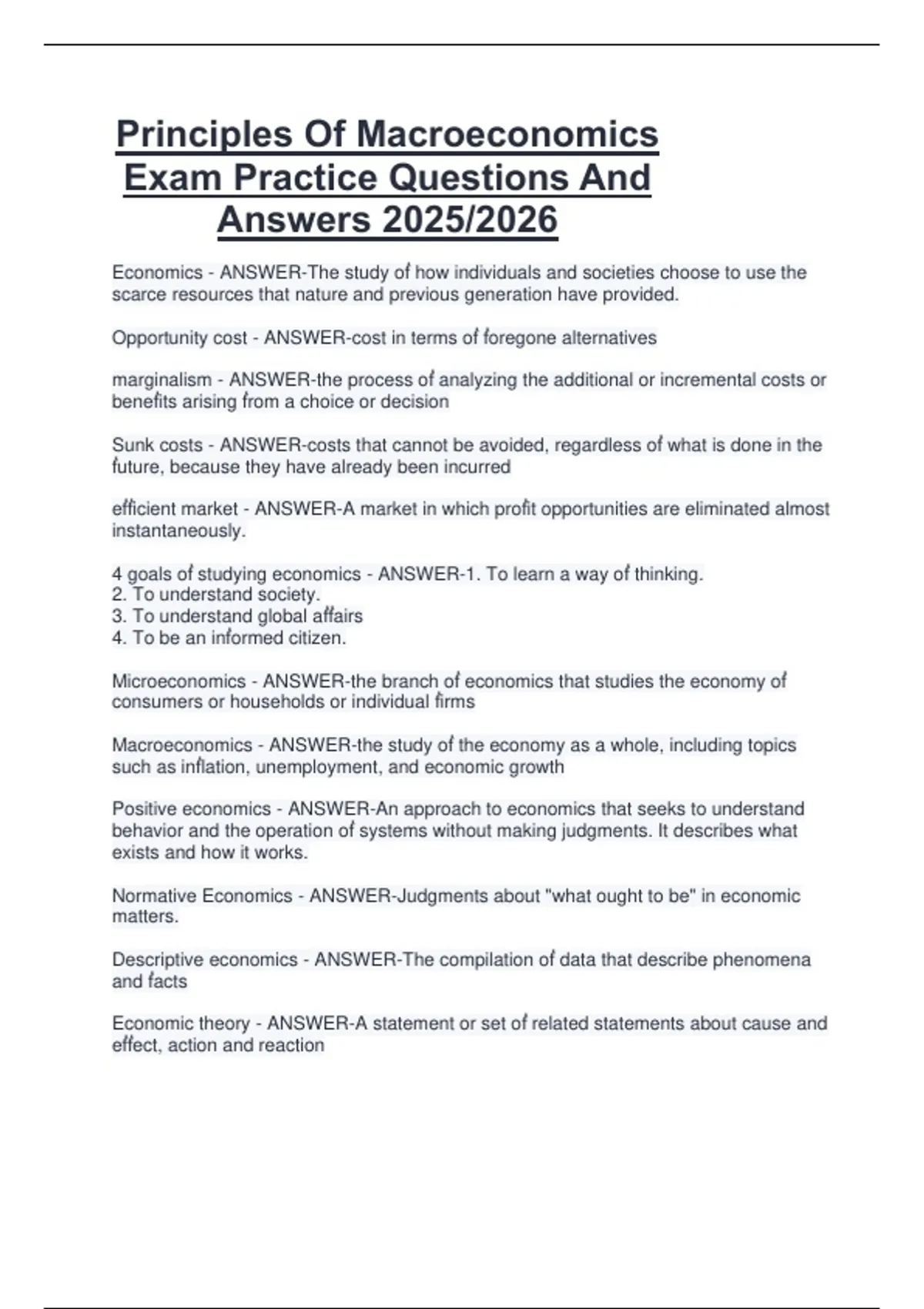 Principles Of Macroeconomics Exam Practice Questions And Answers 2025/ ...