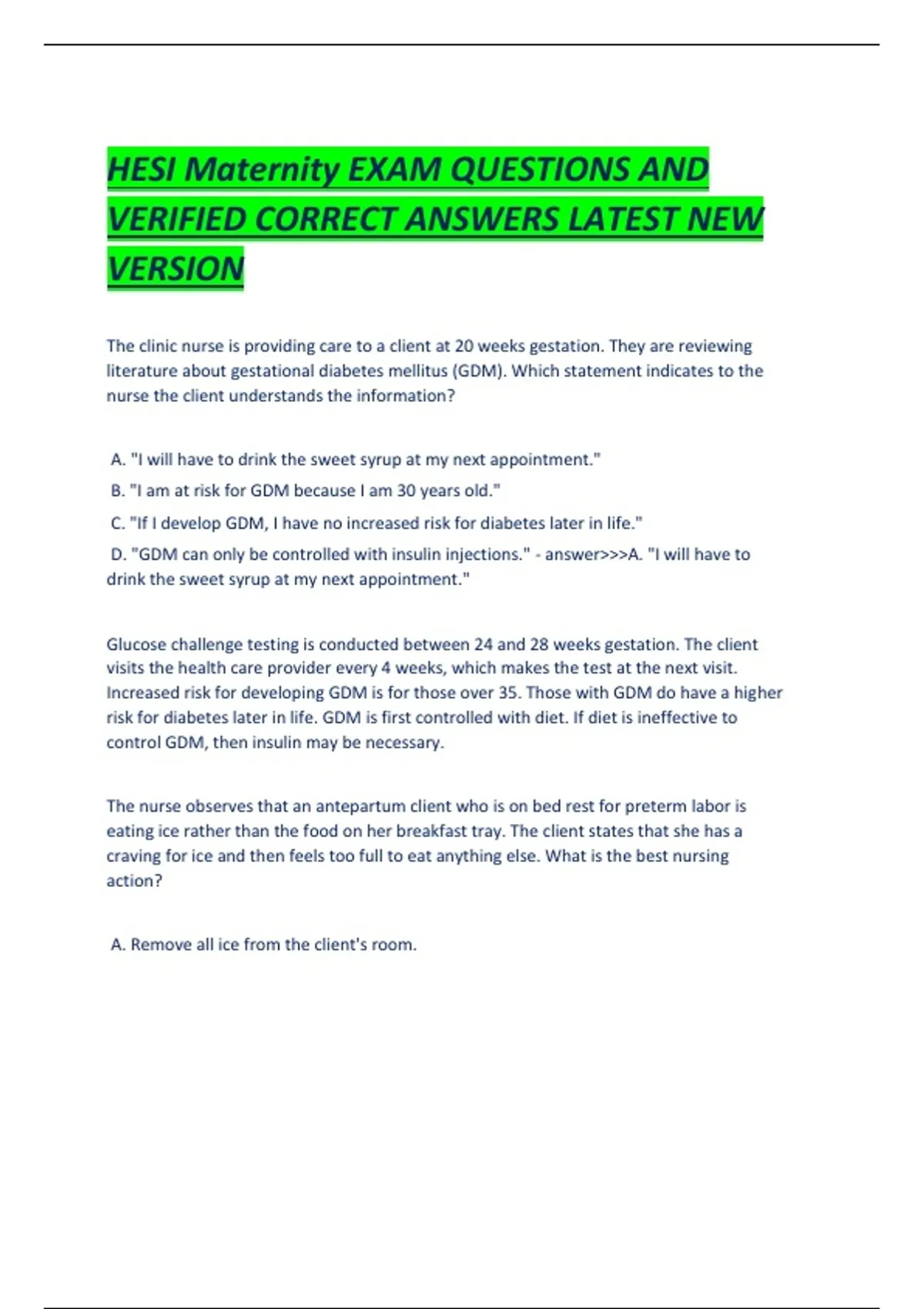HESI Maternity EXAM QUESTIONS AND VERIFIED CORRECT ANSWERS LATEST NEW ...