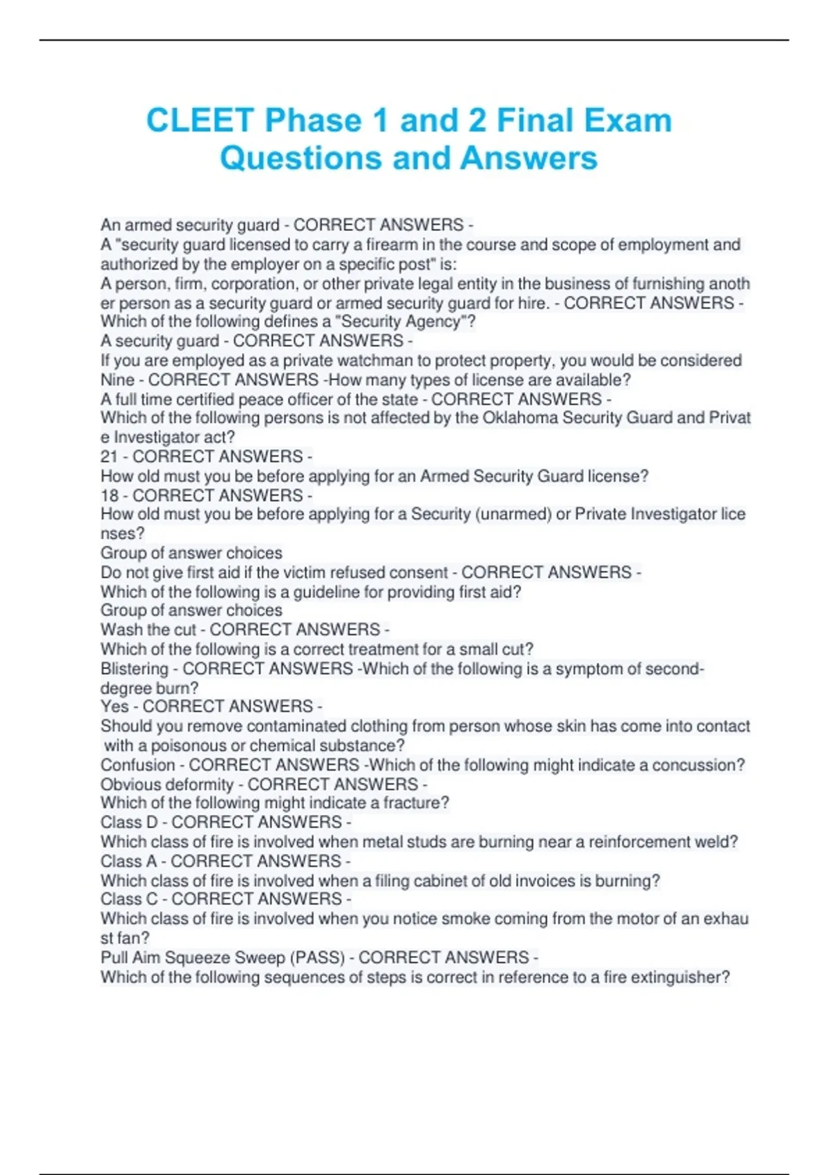 CLEET Phase 1 and 2 Final Exam Questions and Answers - Law Enforcement ...