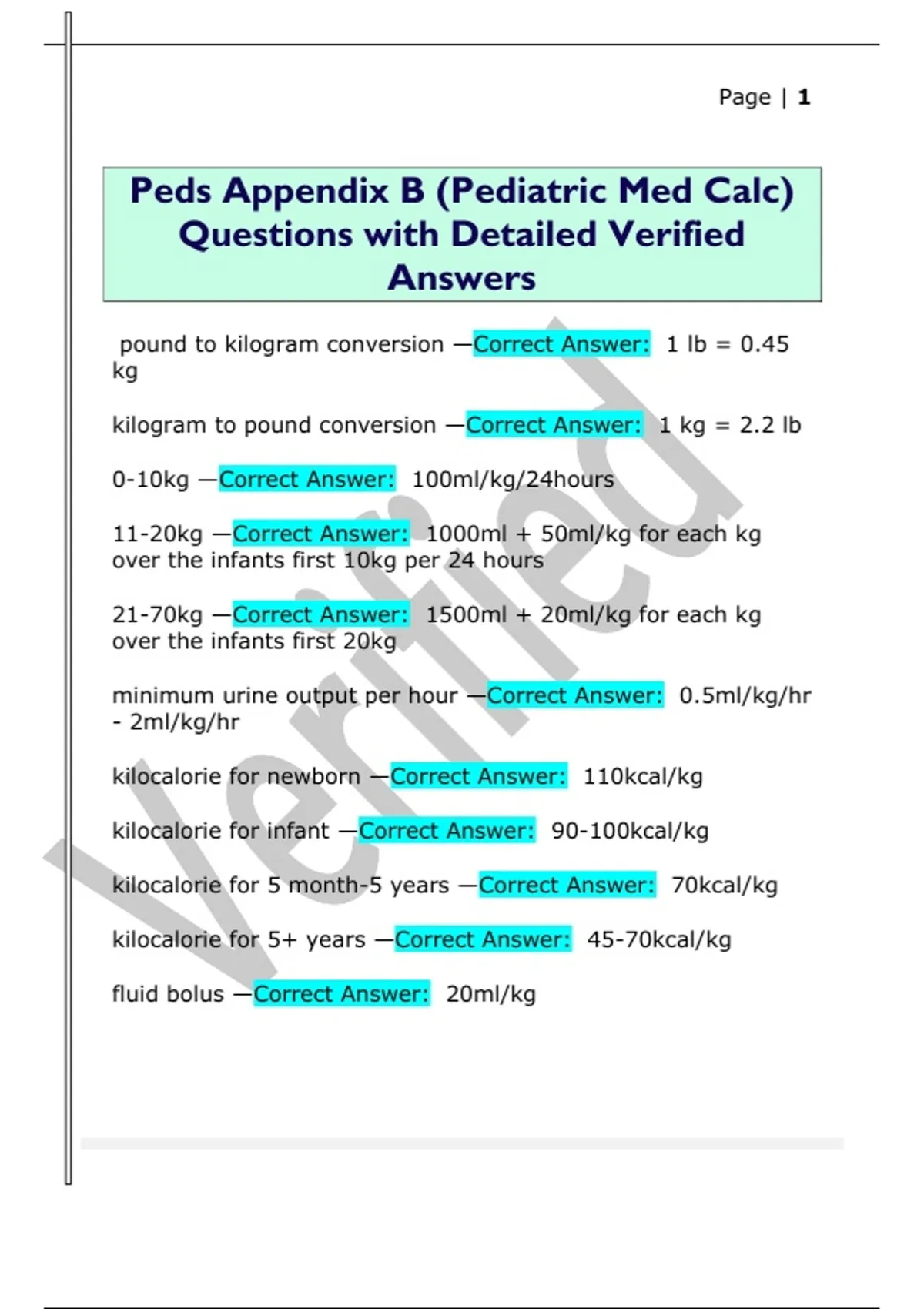 Peds Appendix B (Pediatric Med Calc) Questions with Detailed Verified ...