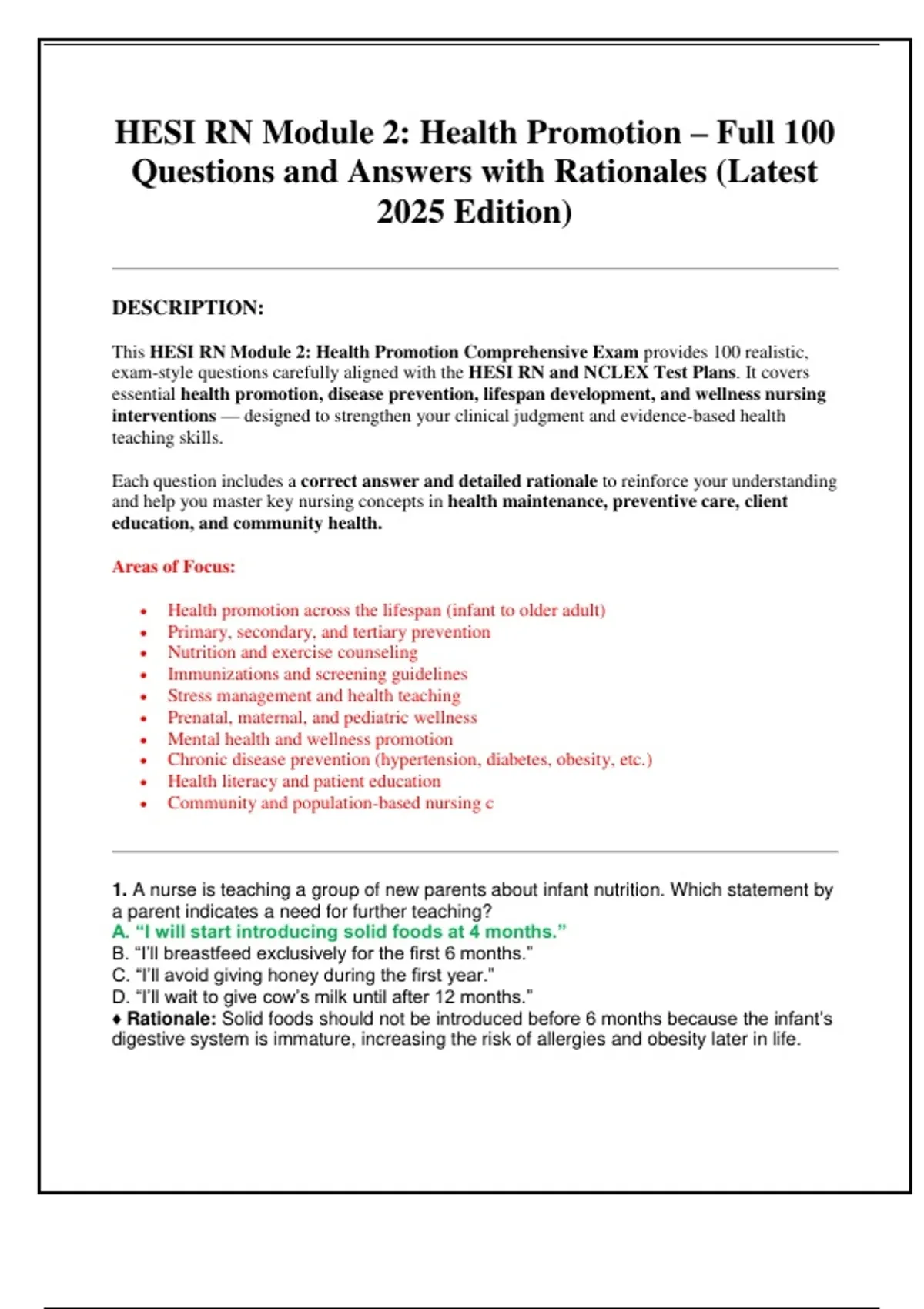 HESI RN Module 2: Health Promotion – Full 100 Questions and Answers ...