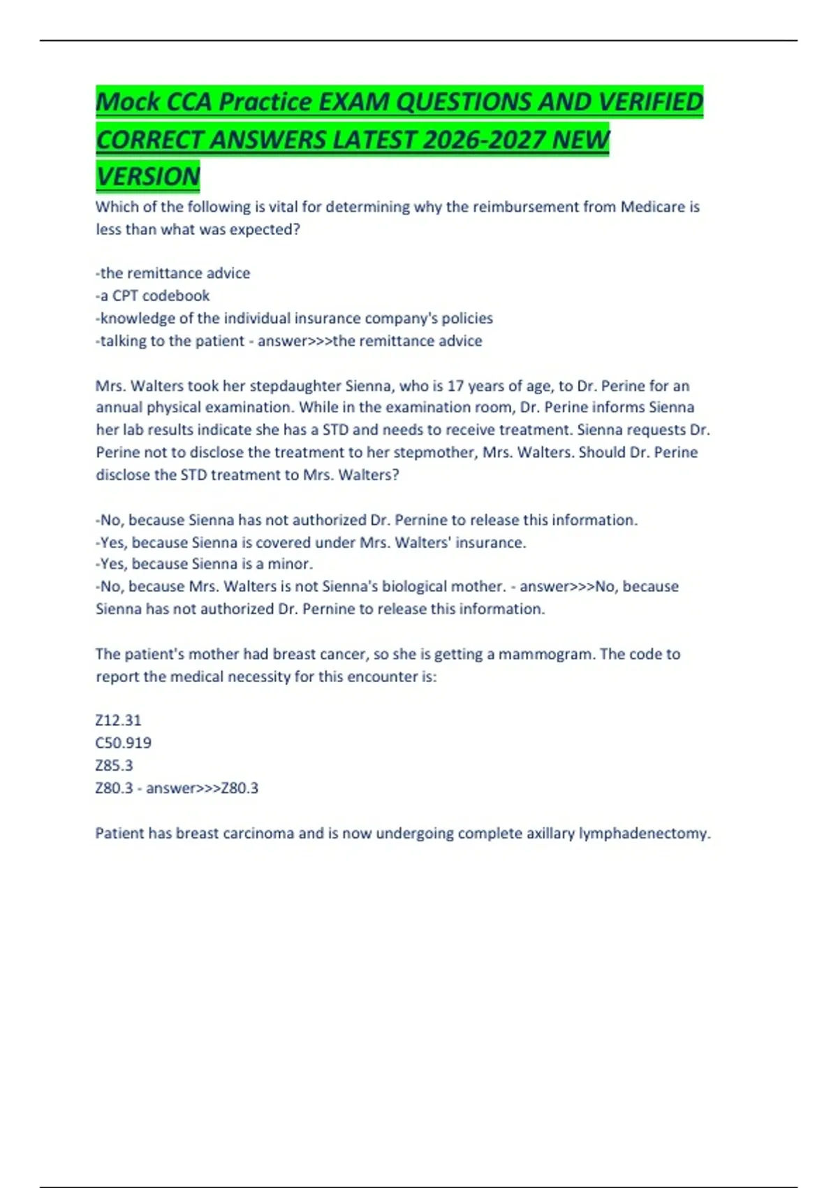 Mock CCA Practice EXAM QUESTIONS AND VERIFIED CORRECT ANSWERS LATEST ...