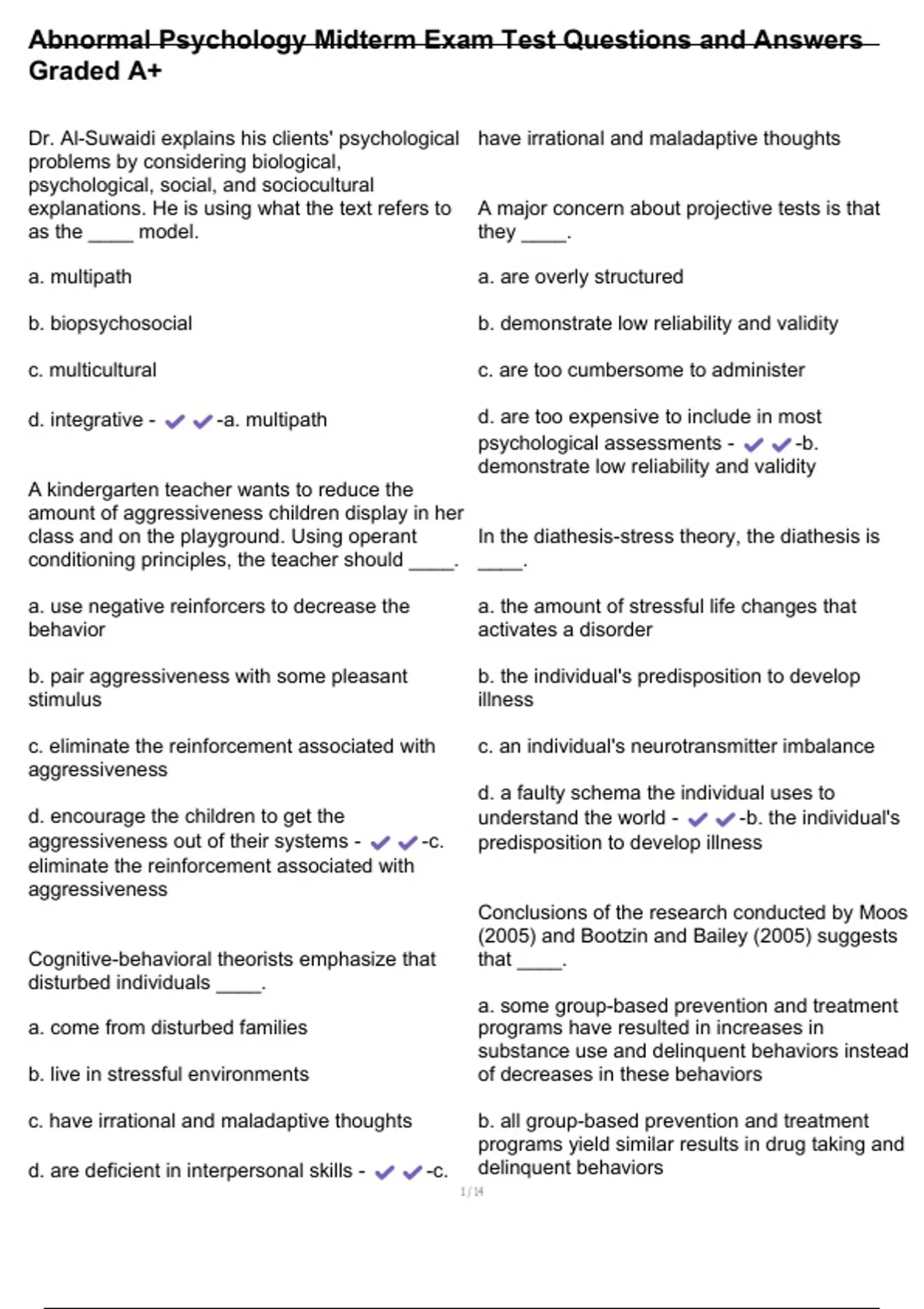 Abnormal Psychology Midterm Exam Test Questions and Answers Graded A+ ...