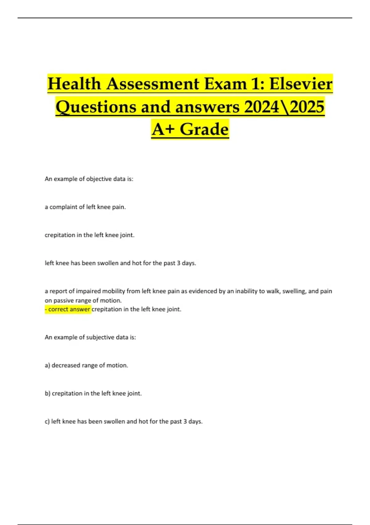 Health Assessment Exam 1 – Elsevier Questions and Verified Answers ...