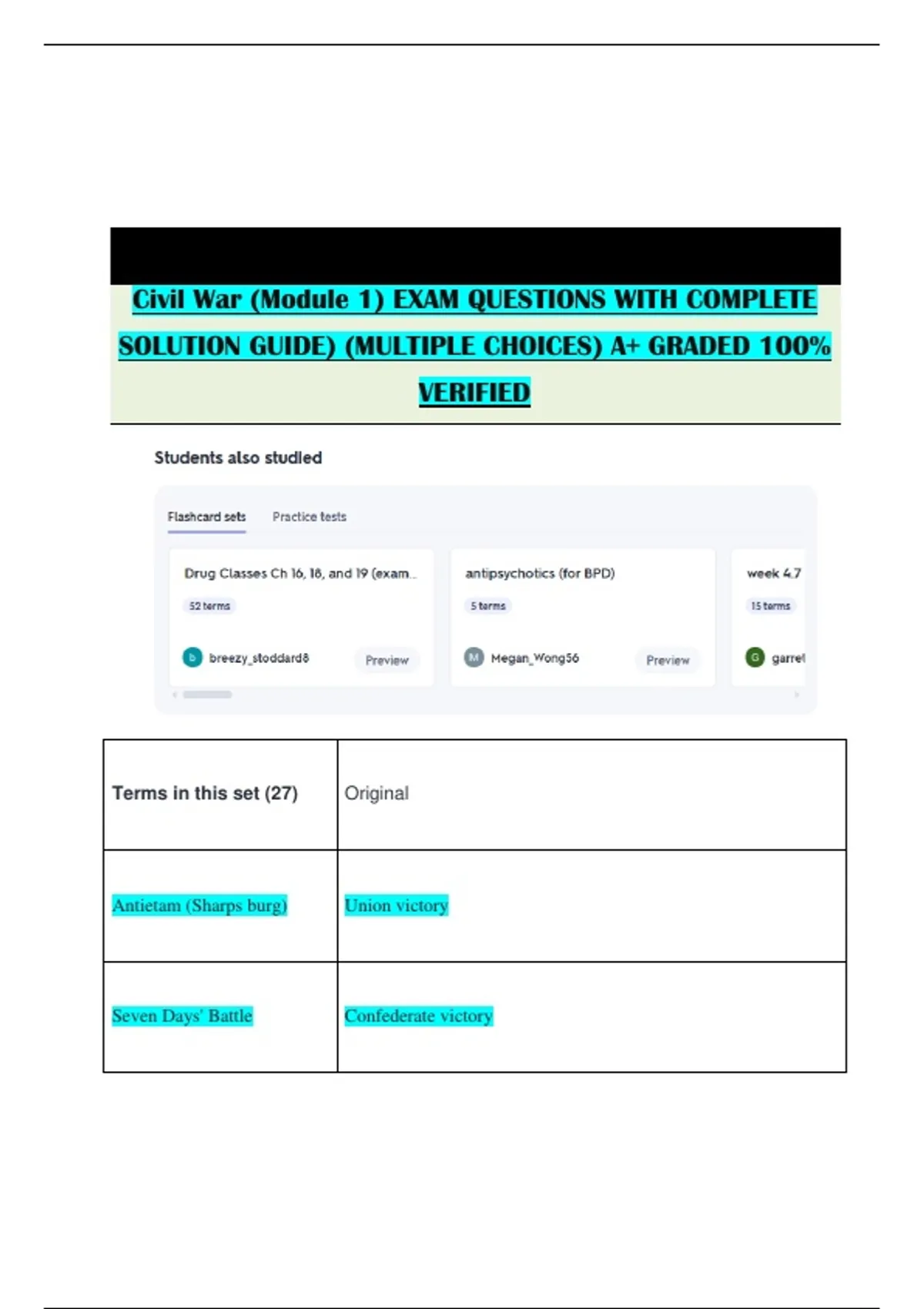 Civil War (Module 1) EXAM QUESTIONS WITH COMPLETE SOLUTION GUIDE ...