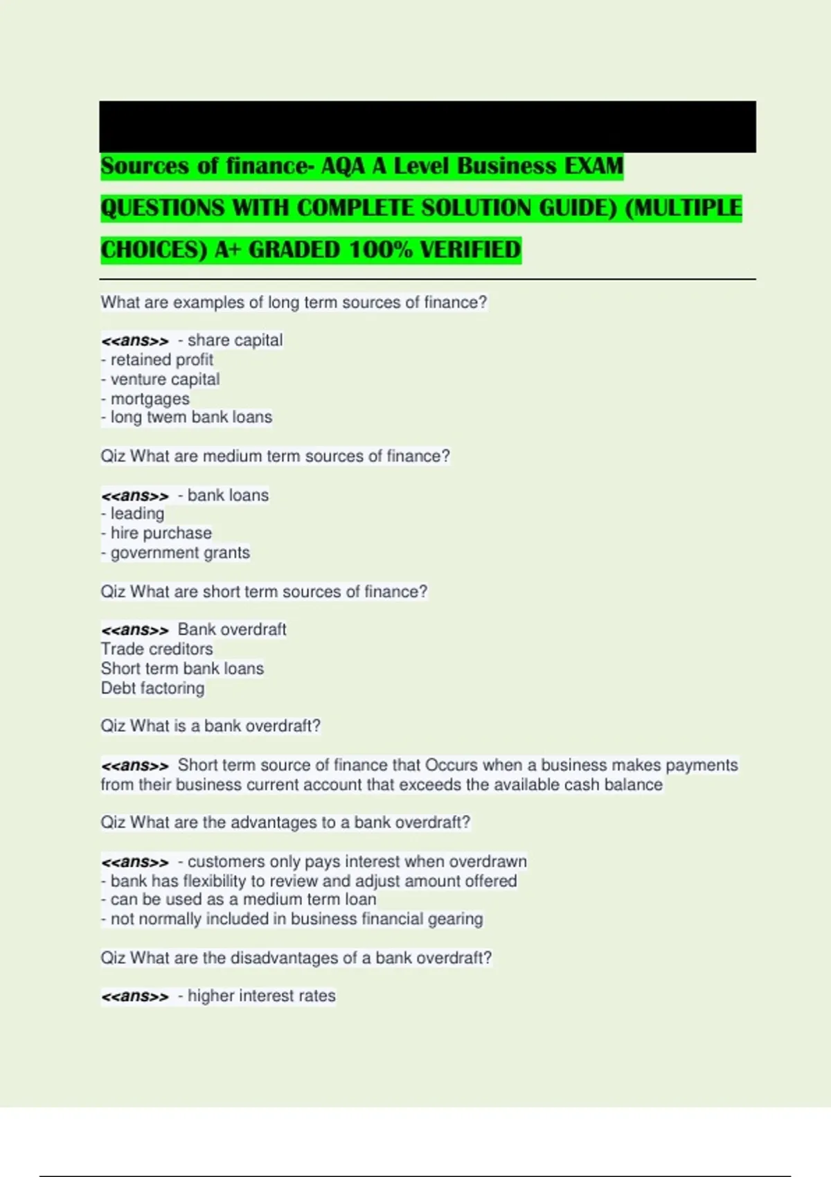 Sources of finance- AQA A Level Business EXAM QUESTIONS WITH COMPLETE ...