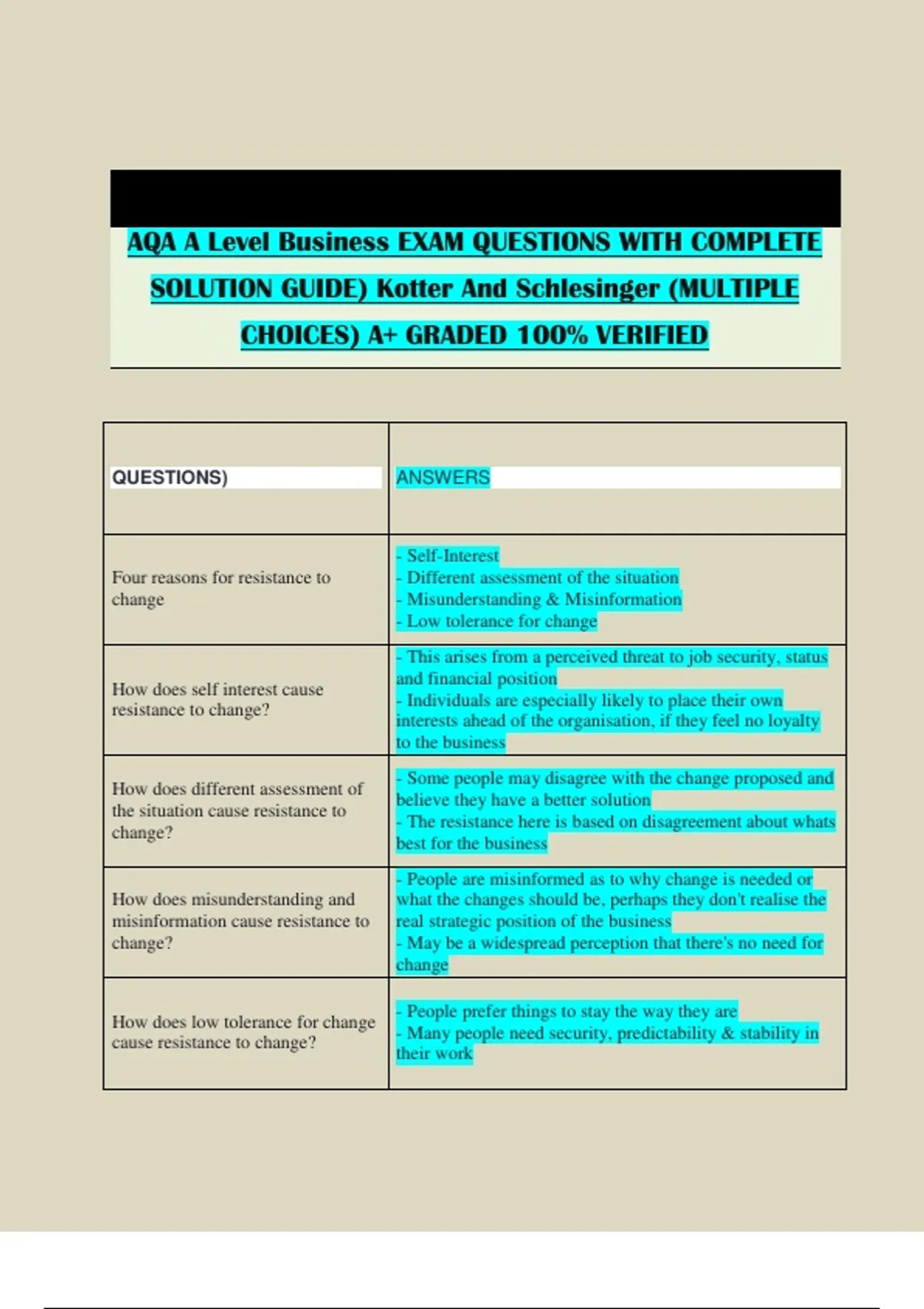 QA A Level Business EXAM QUESTIONS WITH COMPLETE SOLUTION GUIDE. - AQA ...