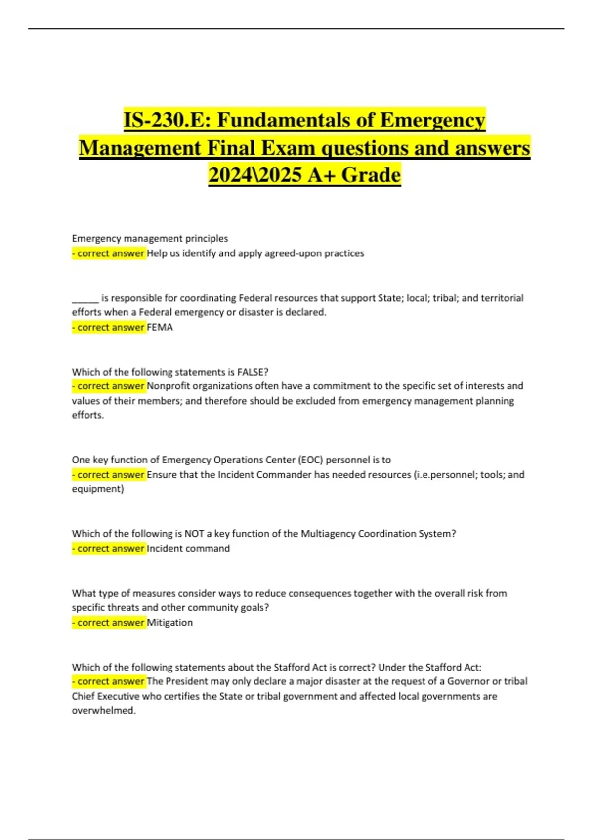 IS-230.E: Fundamentals of Emergency Management – Final Exam Actual ...