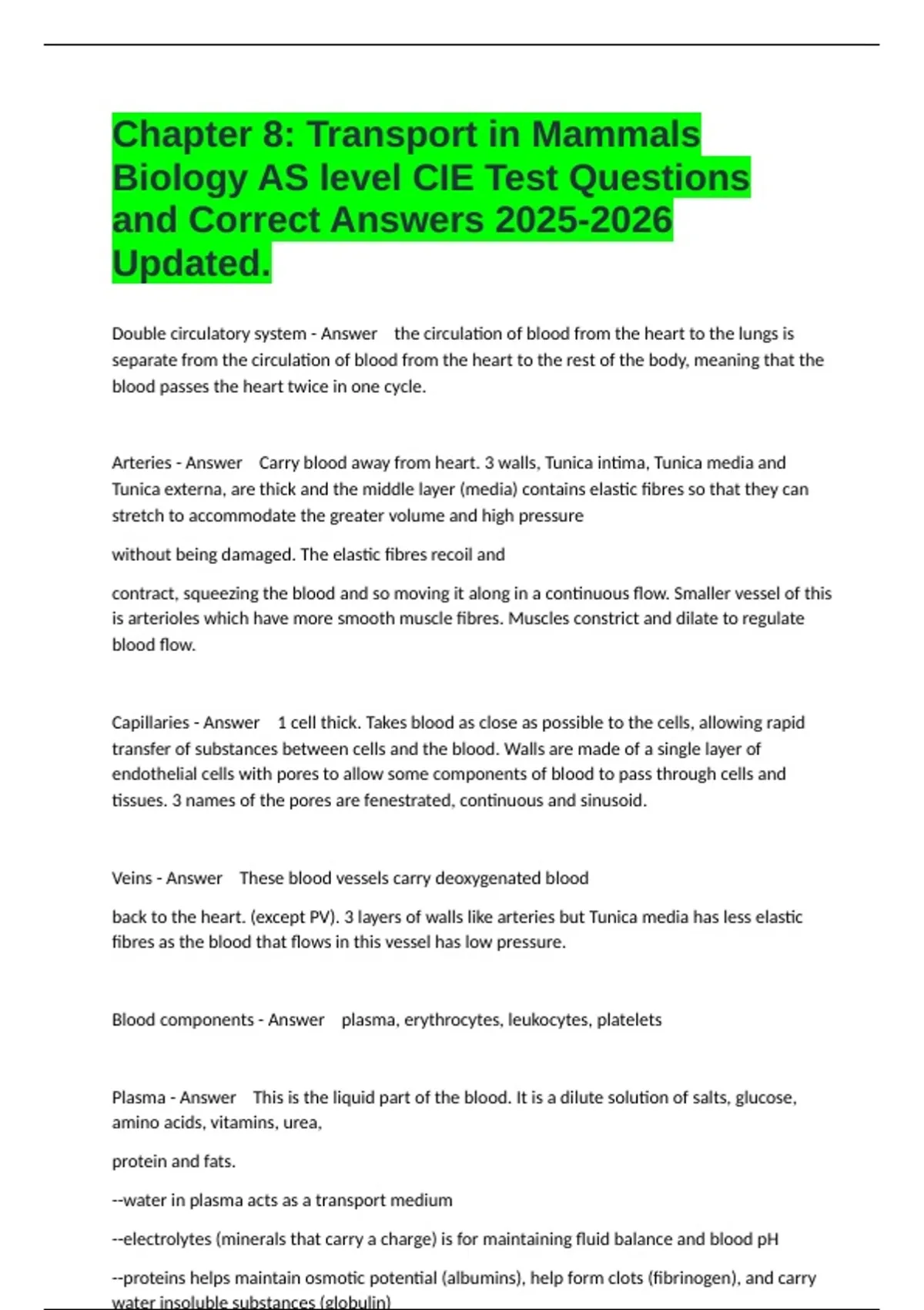 Chapter 8: Transport in Mammals Biology AS level CIE Test Questions and ...