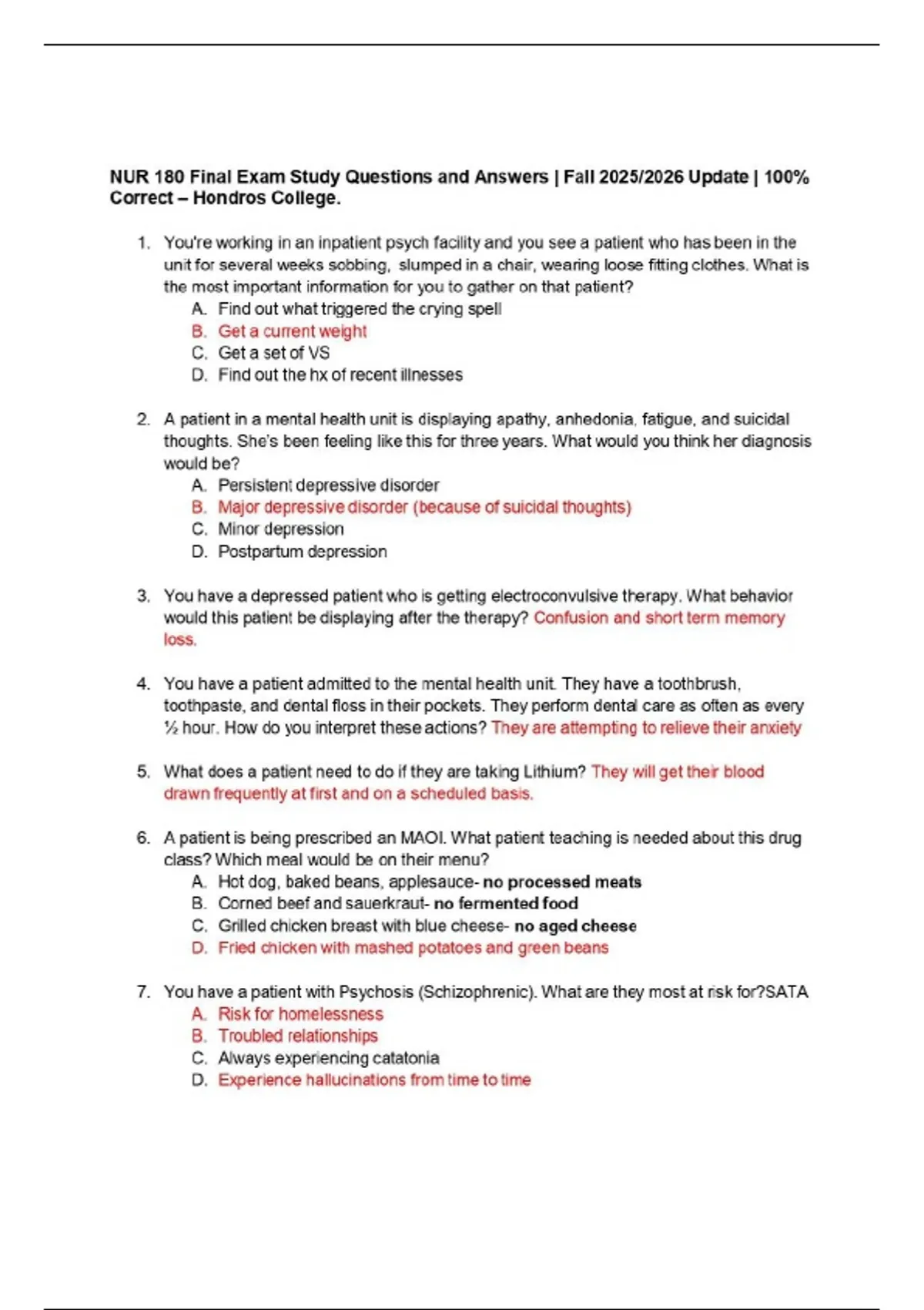 NUR 180 Final Exam Study Questions and Answers | Fall 2025/2026 Update ...