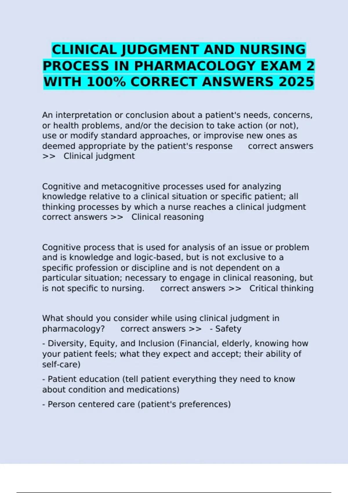 CLINICAL JUDGMENT AND NURSING PROCESS IN PHARMACOLOGY EXAM 2 WITH 100% ...