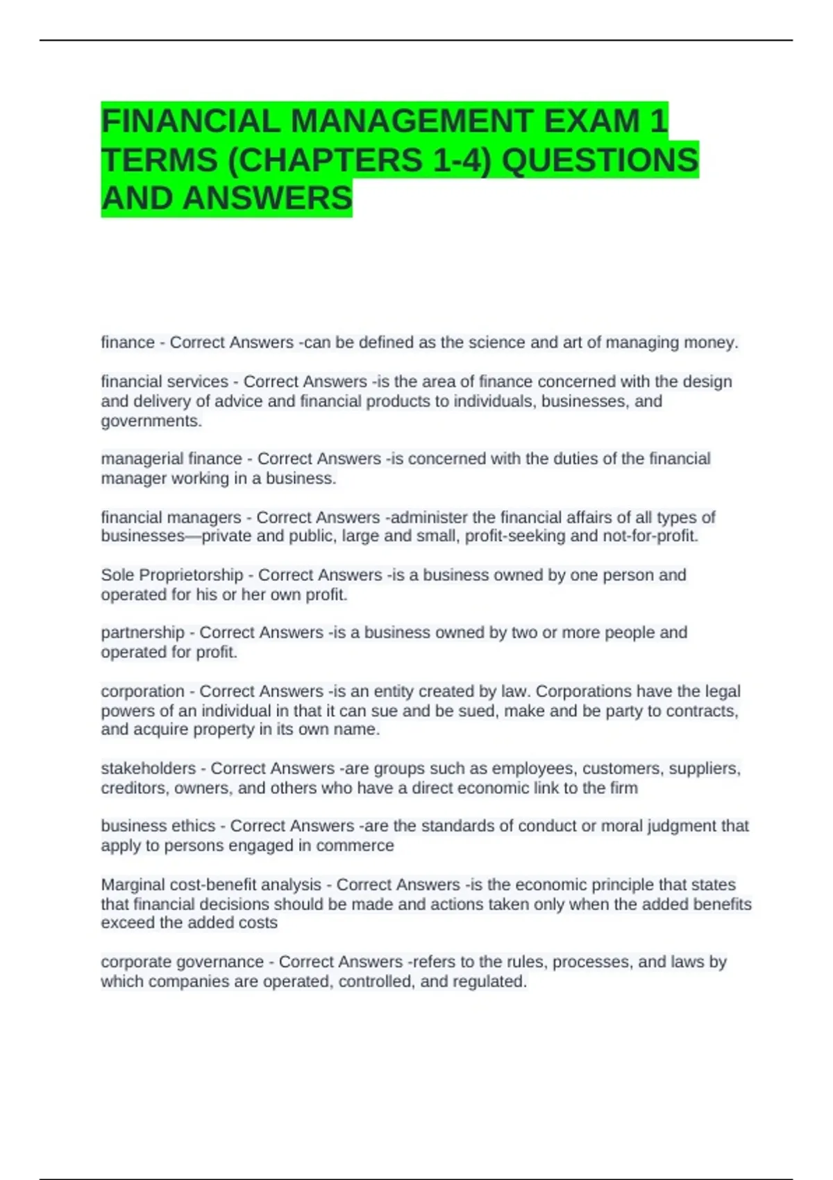 FINANCIAL MANAGEMENT EXAM 1 TERMS (CHAPTERS 1-4) QUESTIONS AND ANSWERS ...