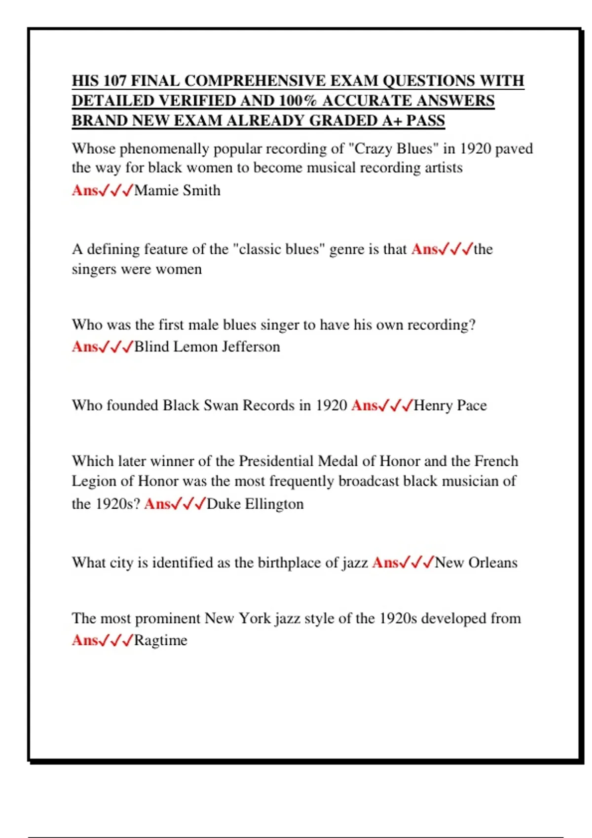 HIS 107 FINAL COMPREHENSIVE EXAM QUESTIONS WITH DETAILED VERIFIED AND ...