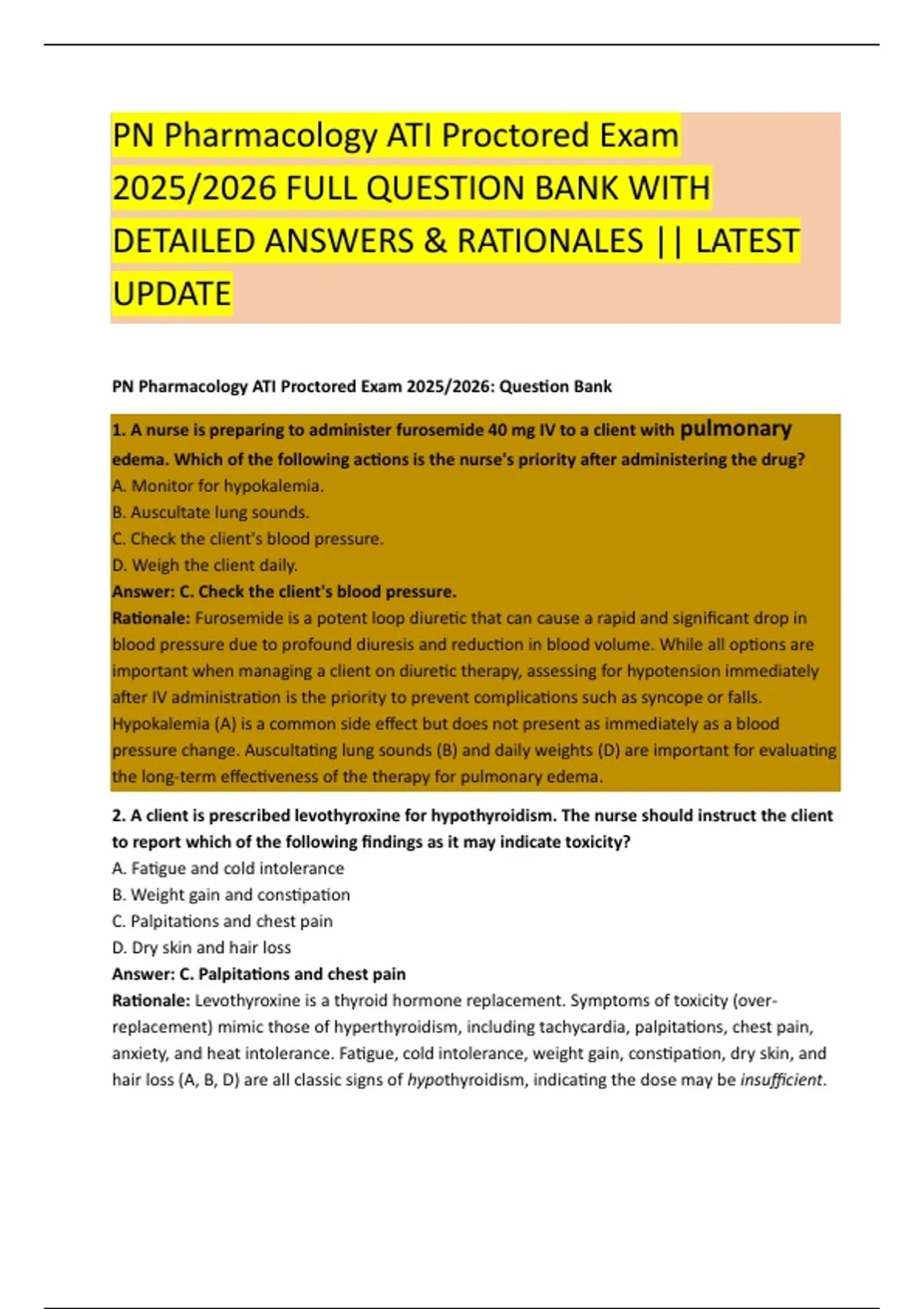 PN Pharmacology ATI Proctored Exam 2025/2026 FULL QUESTION BANK WITH ...