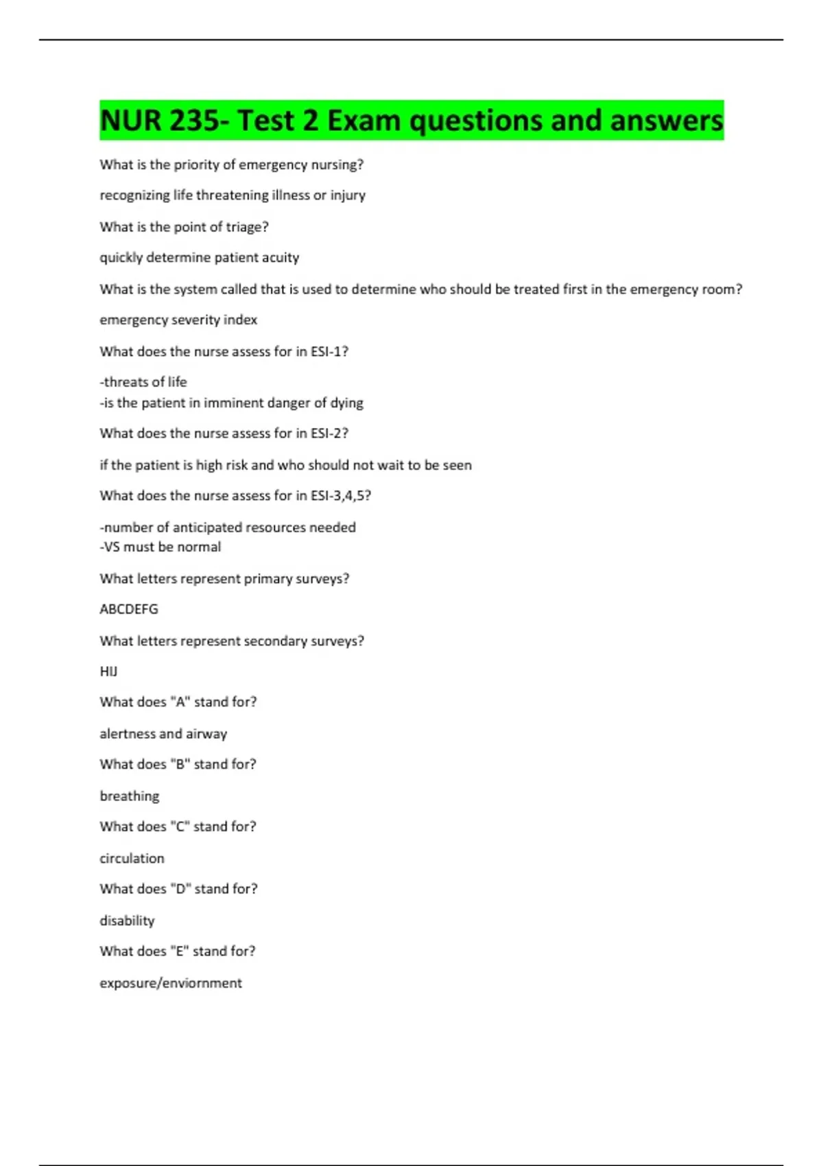 235 Number Questions NUR 235- Test 2 Exam questions and answers - NUR 235 - Stuvia US