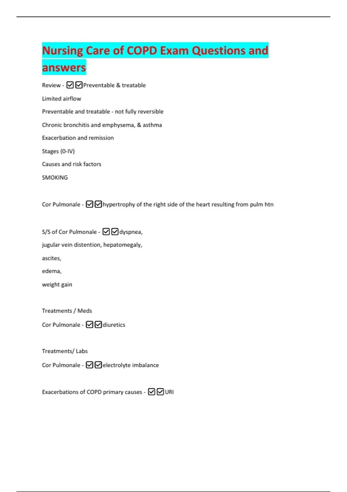 Nursing Care of COPD Exam Questions and answers - Nursing- COPD - Stuvia US