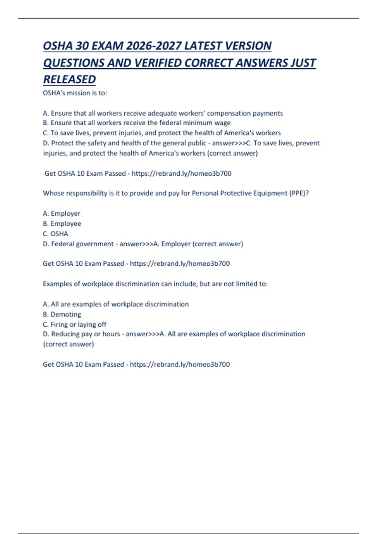 OSHA 30 -Hour Training EXAM LATEST VERSION QUESTIONS AND VERIFIED ...