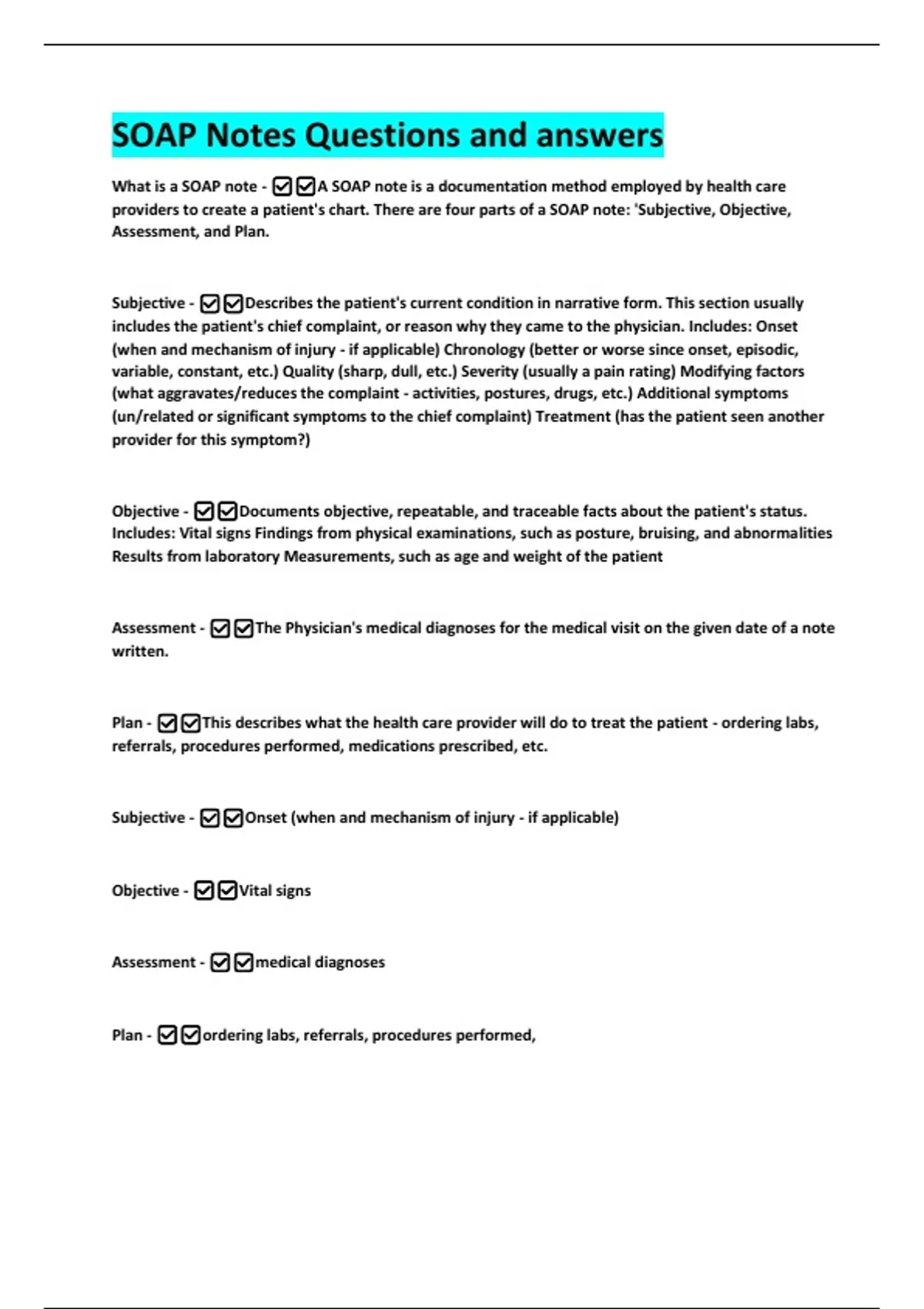 Soap Format Questions SOAP Notes Questions and answers - SOAP Note practical - Stuvia US