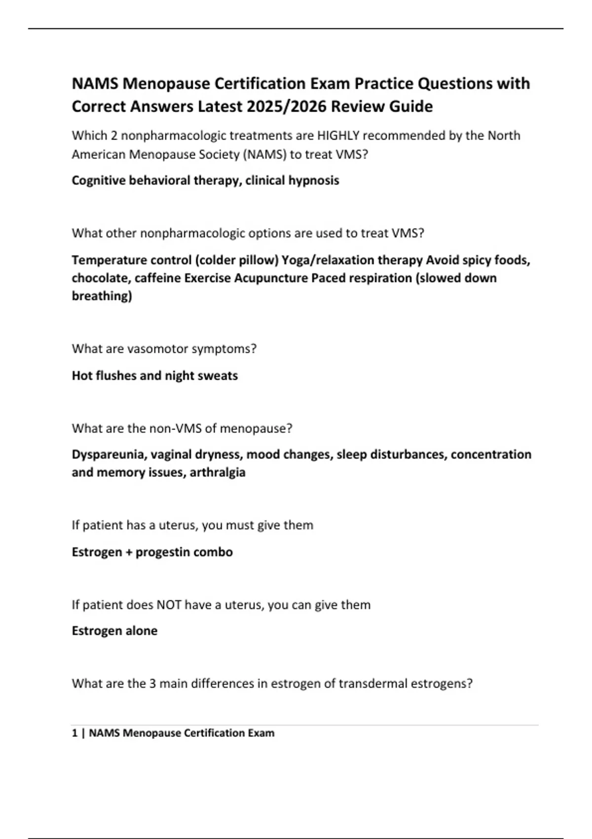 NAMS Menopause Certification Exam Practice Questions with Correct ...