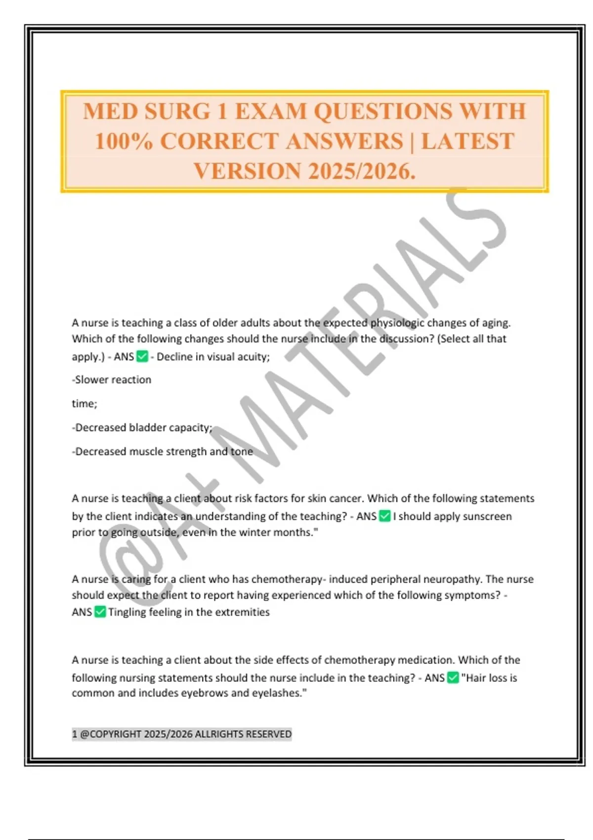 MED SURG 1 EXAM QUESTIONS WITH 100% CORRECT ANSWERS | LATEST VERSION ...