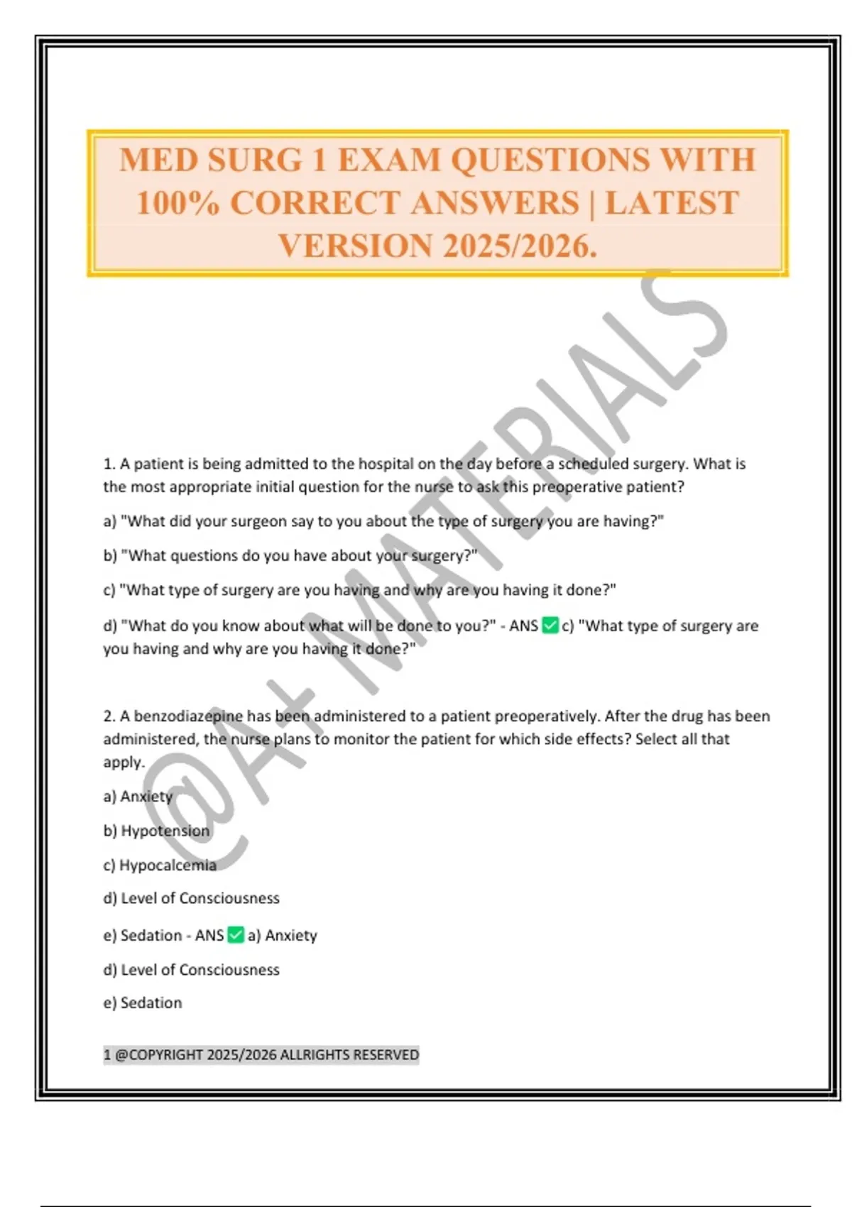 MED SURG 1 EXAM QUESTIONS WITH 100% CORRECT ANSWERS | LATEST VERSION ...