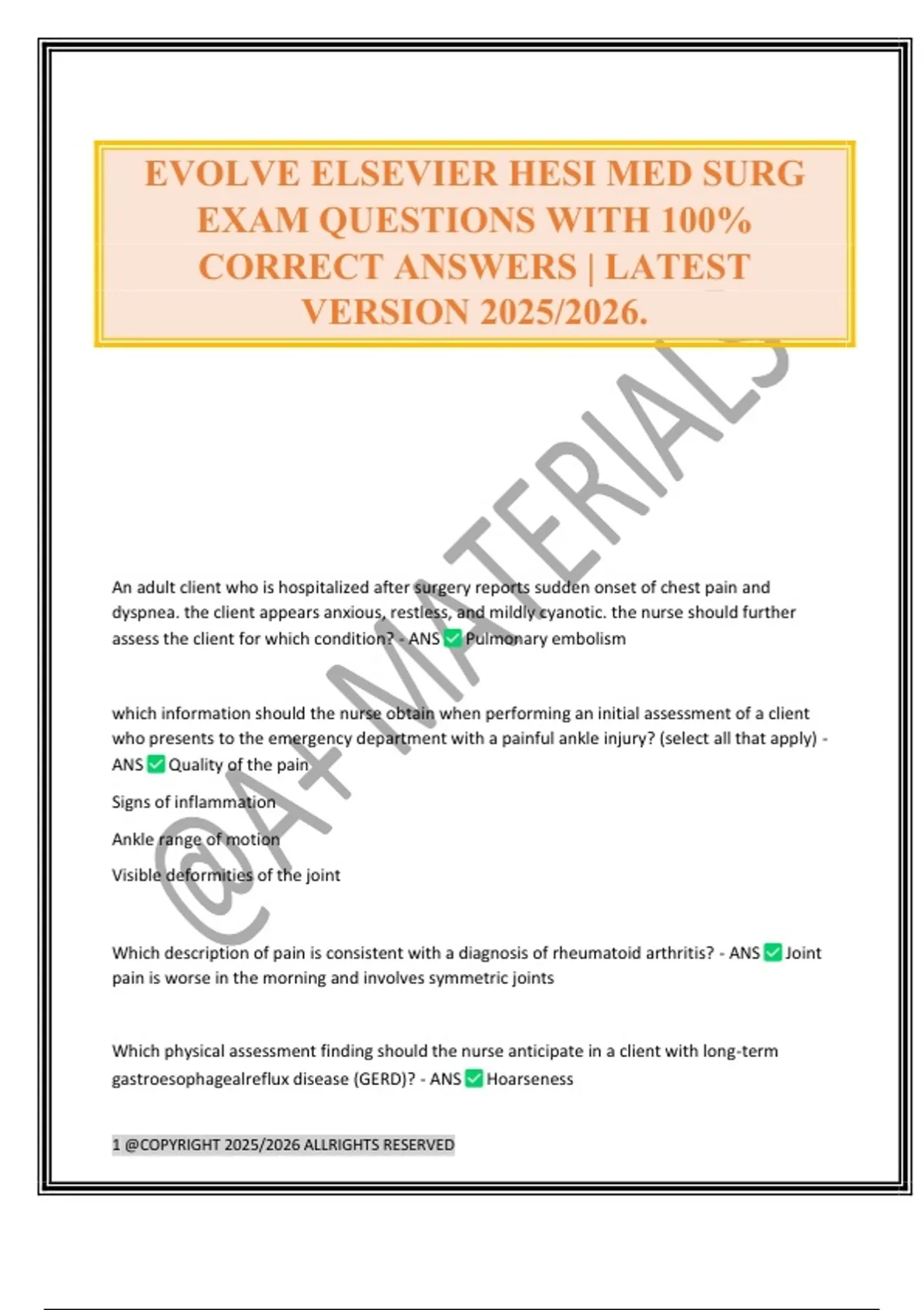 EVOLVE ELSEVIER HESI MED SURG EXAM QUESTIONS WITH 100% CORRECT ANSWERS ...