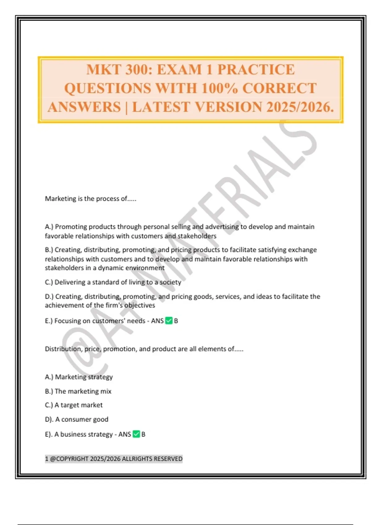 MKT 300: EXAM 1 PRACTICE QUESTIONS WITH 100% CORRECT ANSWERS | LATEST ...