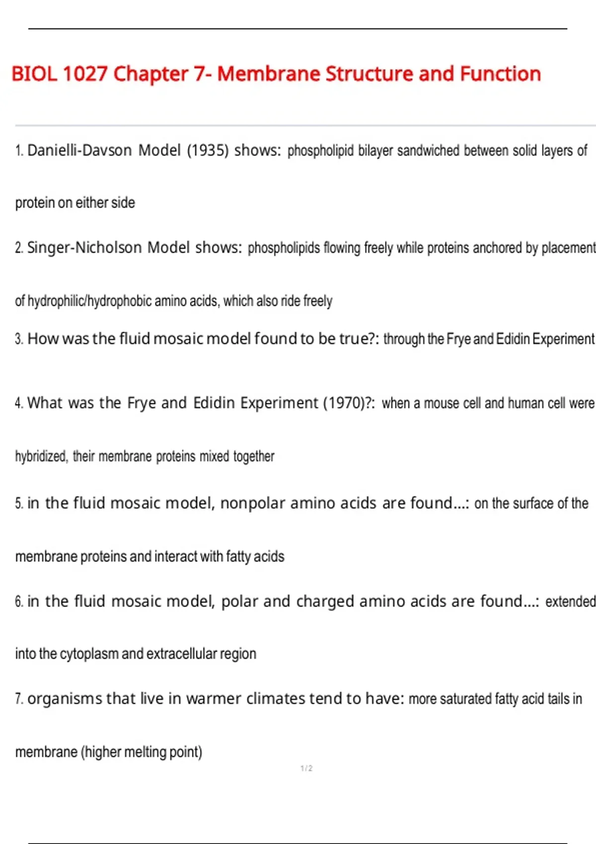 BIOL 1027 Chapter 7- Membrane Structure and Function Questions and ...