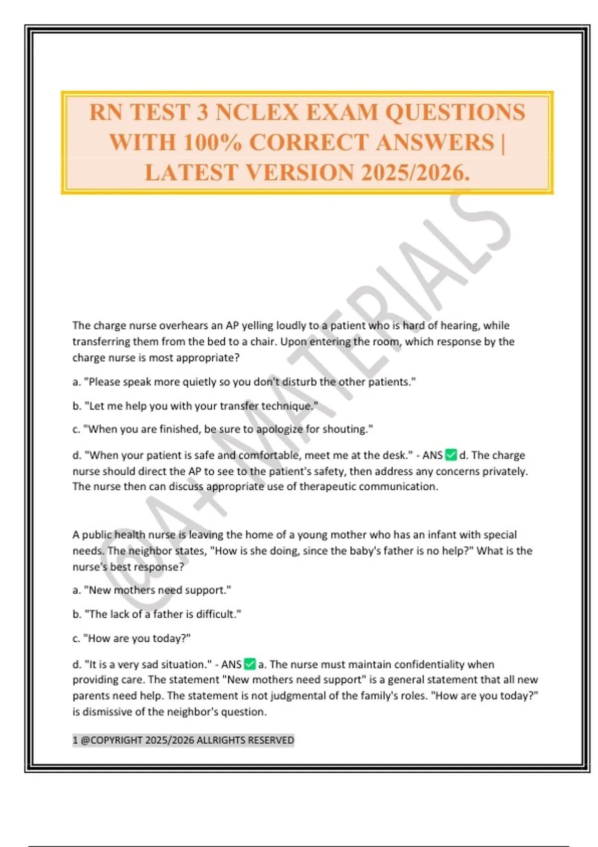 RN TEST 3 NCLEX EXAM QUESTIONS WITH 100% CORRECT ANSWERS | LATEST ...