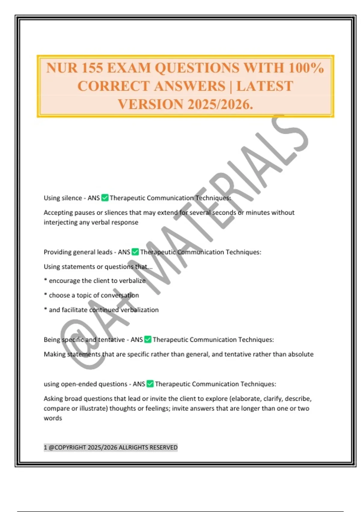 NUR 155 EXAM QUESTIONS WITH 100% CORRECT ANSWERS | LATEST VERSION 2025/ ...