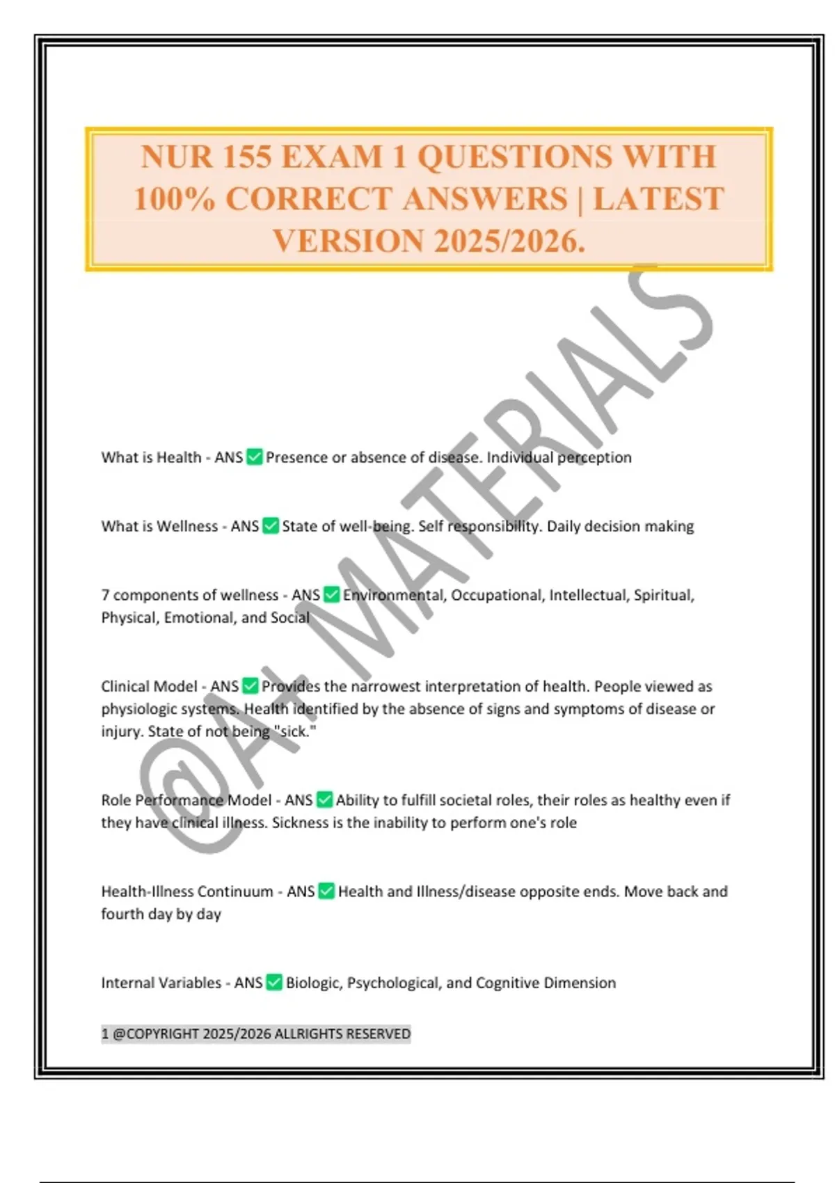 NUR 155 EXAM 1 QUESTIONS WITH 100% CORRECT ANSWERS | LATEST VERSION ...