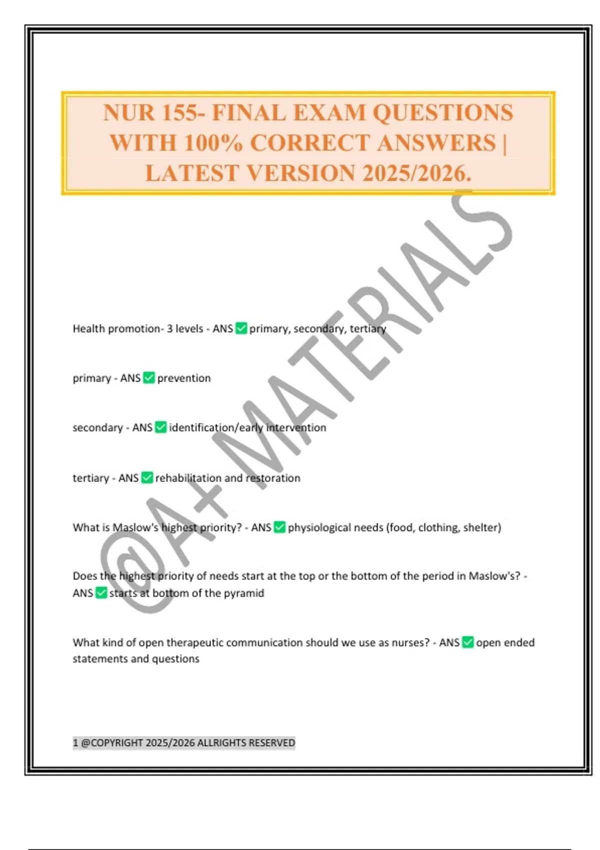 NUR 155- FINAL EXAM QUESTIONS WITH 100% CORRECT ANSWERS | LATEST ...
