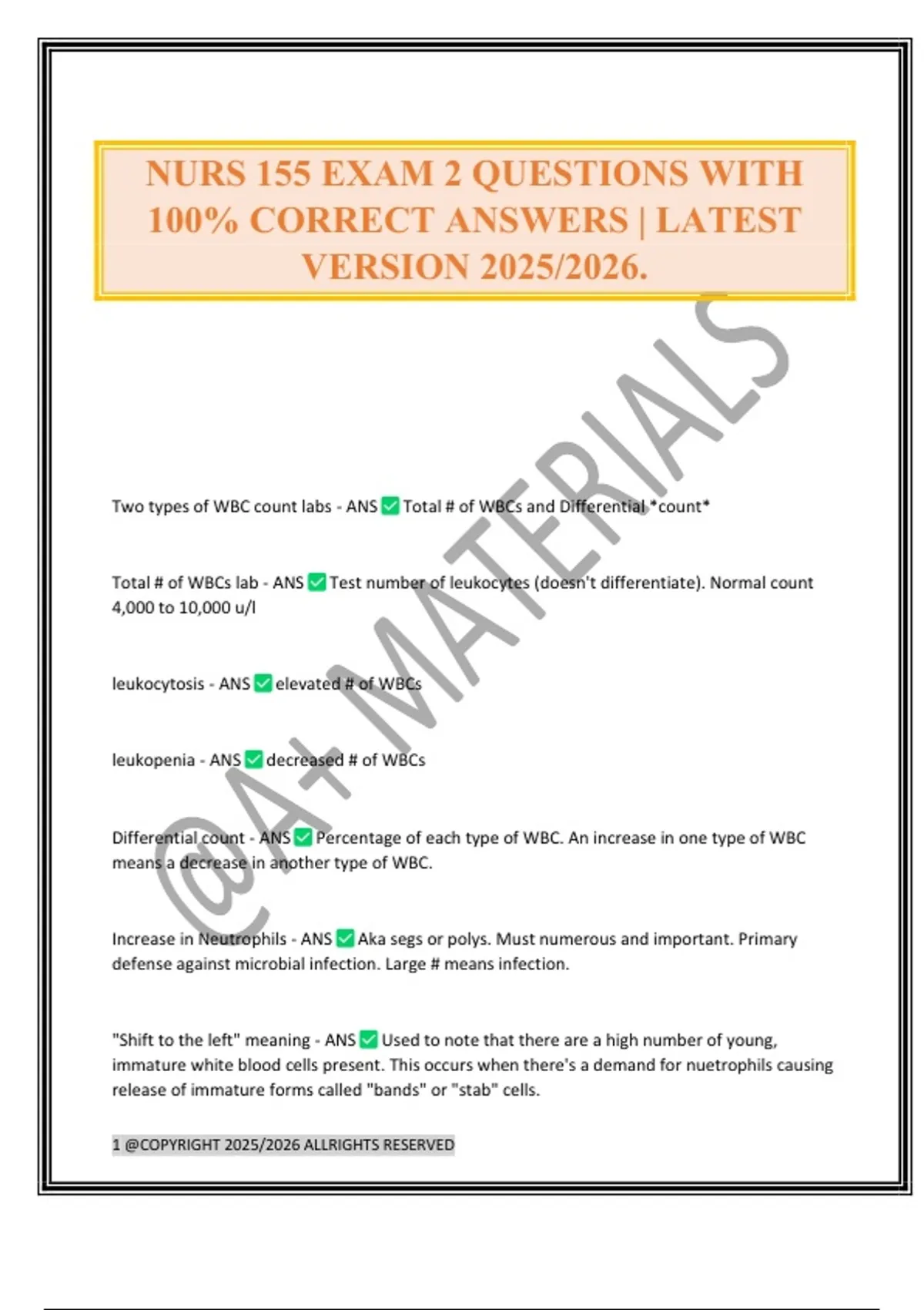 NURS 155 EXAM 2 QUESTIONS WITH 100% CORRECT ANSWERS | LATEST VERSION ...